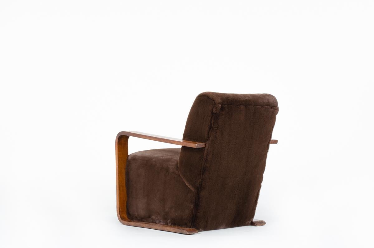 20th Century Beech and Brown Fleece Armchair Art Deco Design, 1930 For Sale