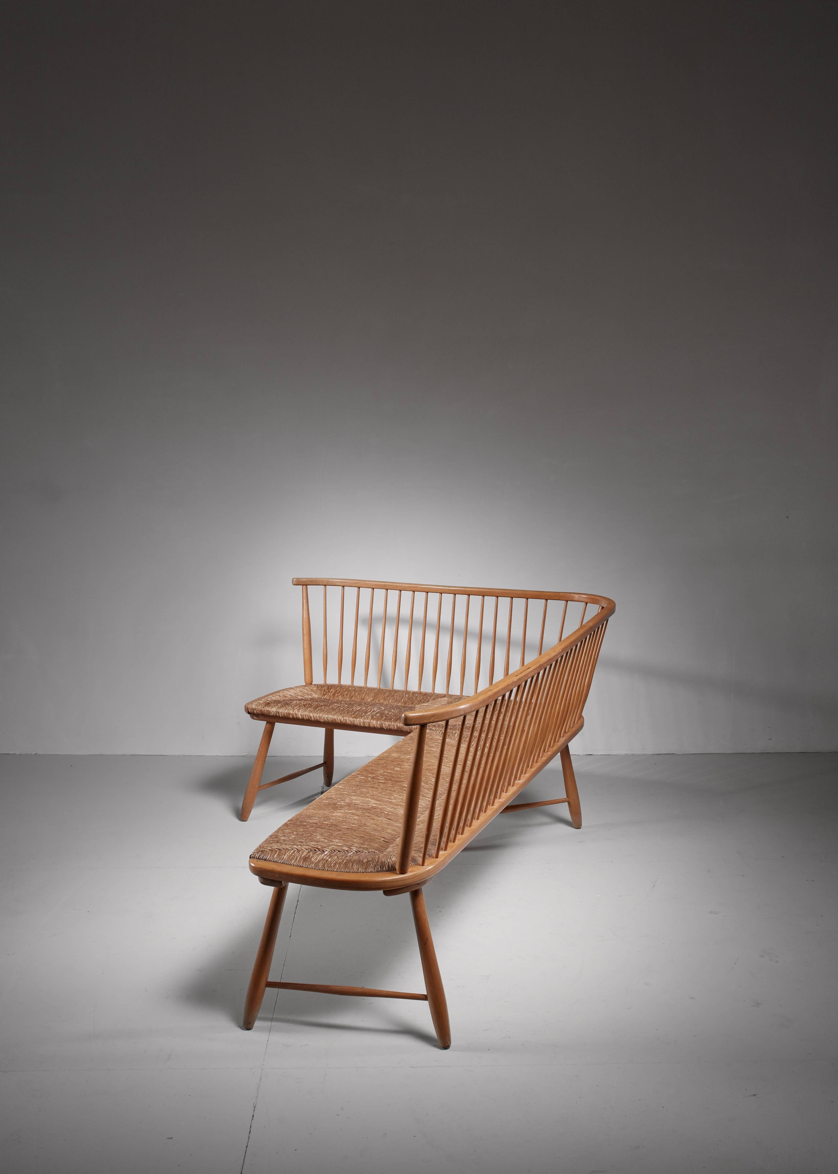 Mid-Century Modern Banc d'angle en hêtre et rotin de l'architecte allemand Arno Lambrecht:: années 1950