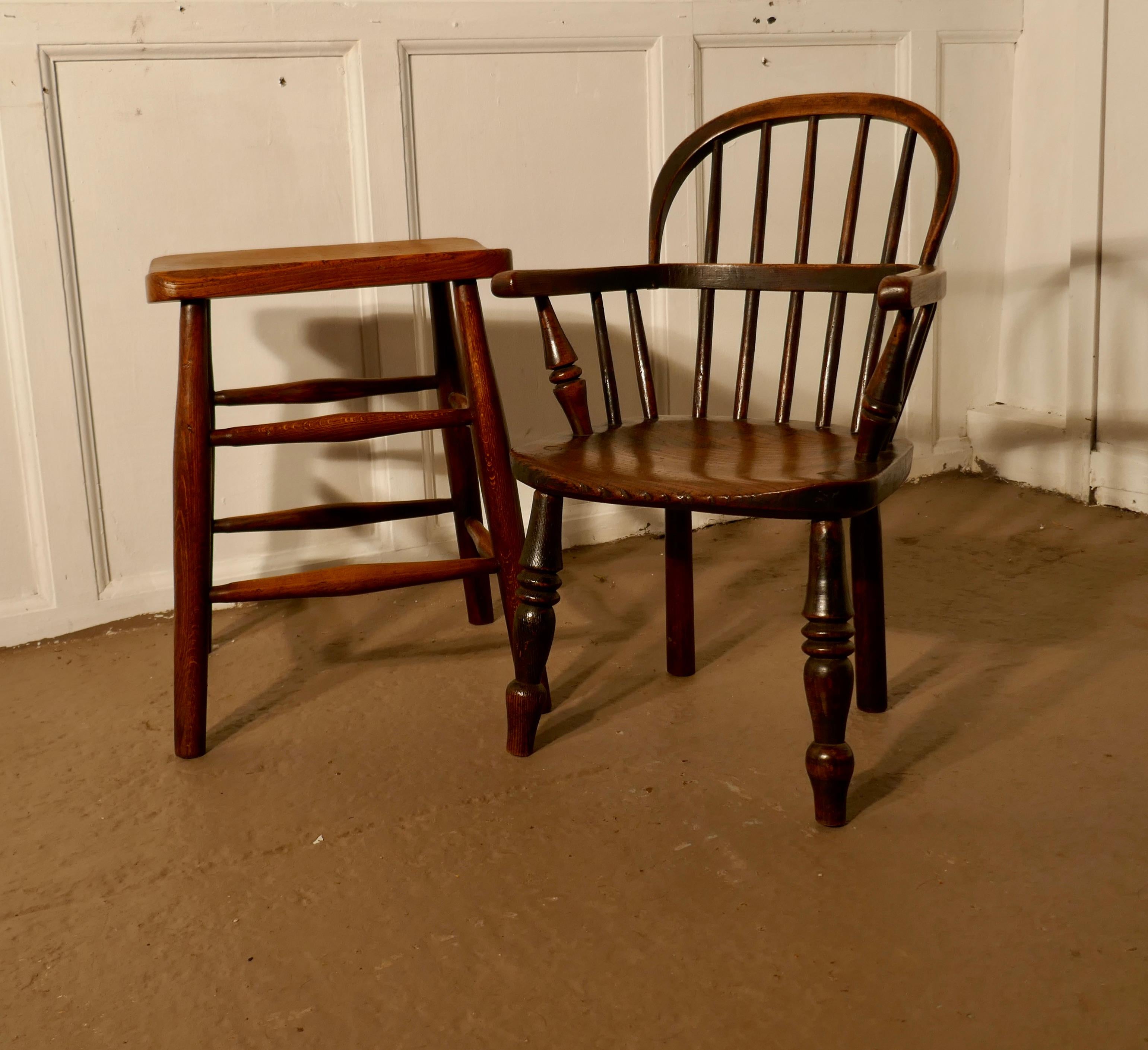 19th Century Beech and Elm Farmhouse Kitchen Stool For Sale