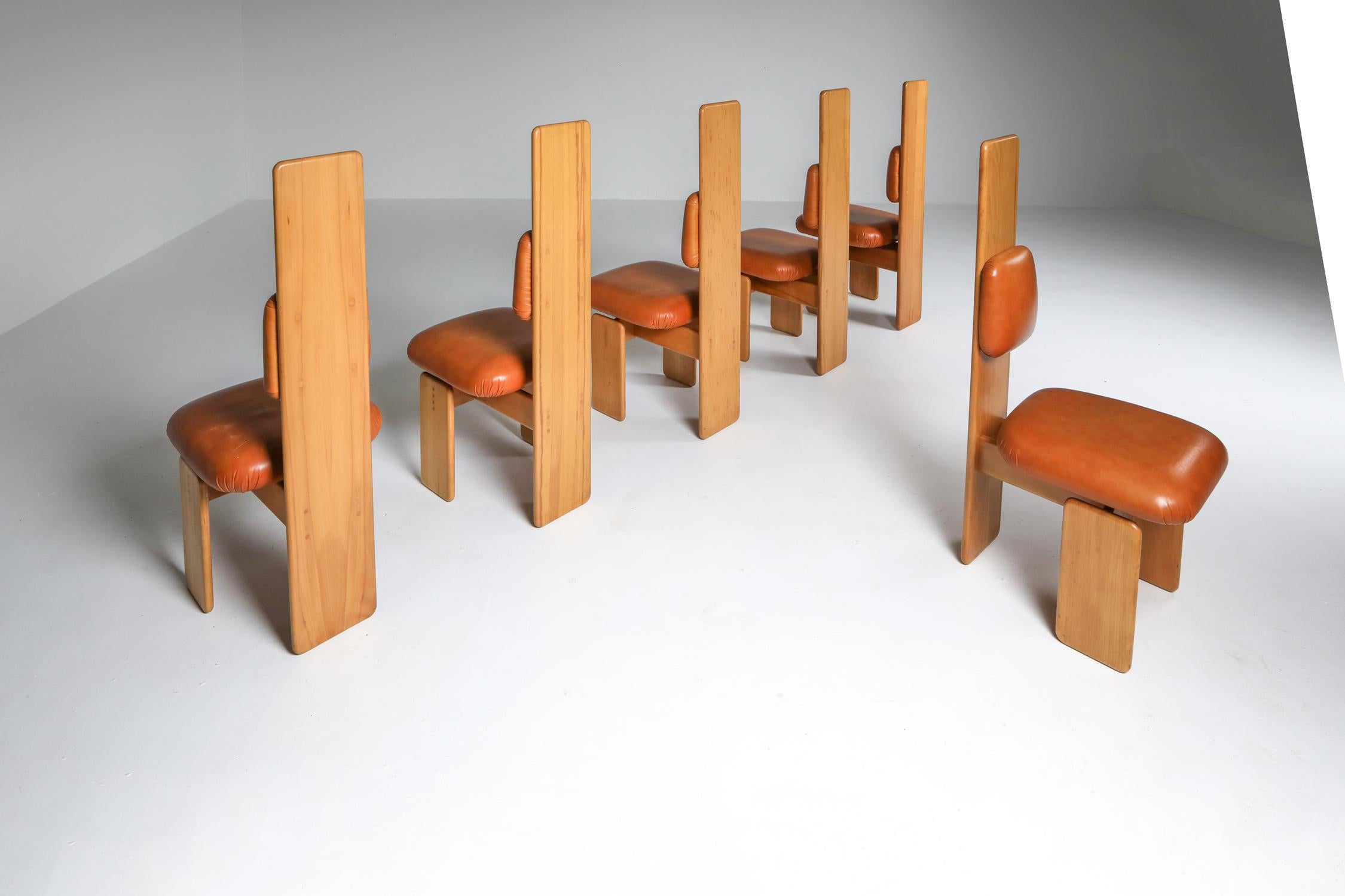 Post-Modern Beech and Leather Dining Chairs by Mario Marenco, Italy, 1970s For Sale