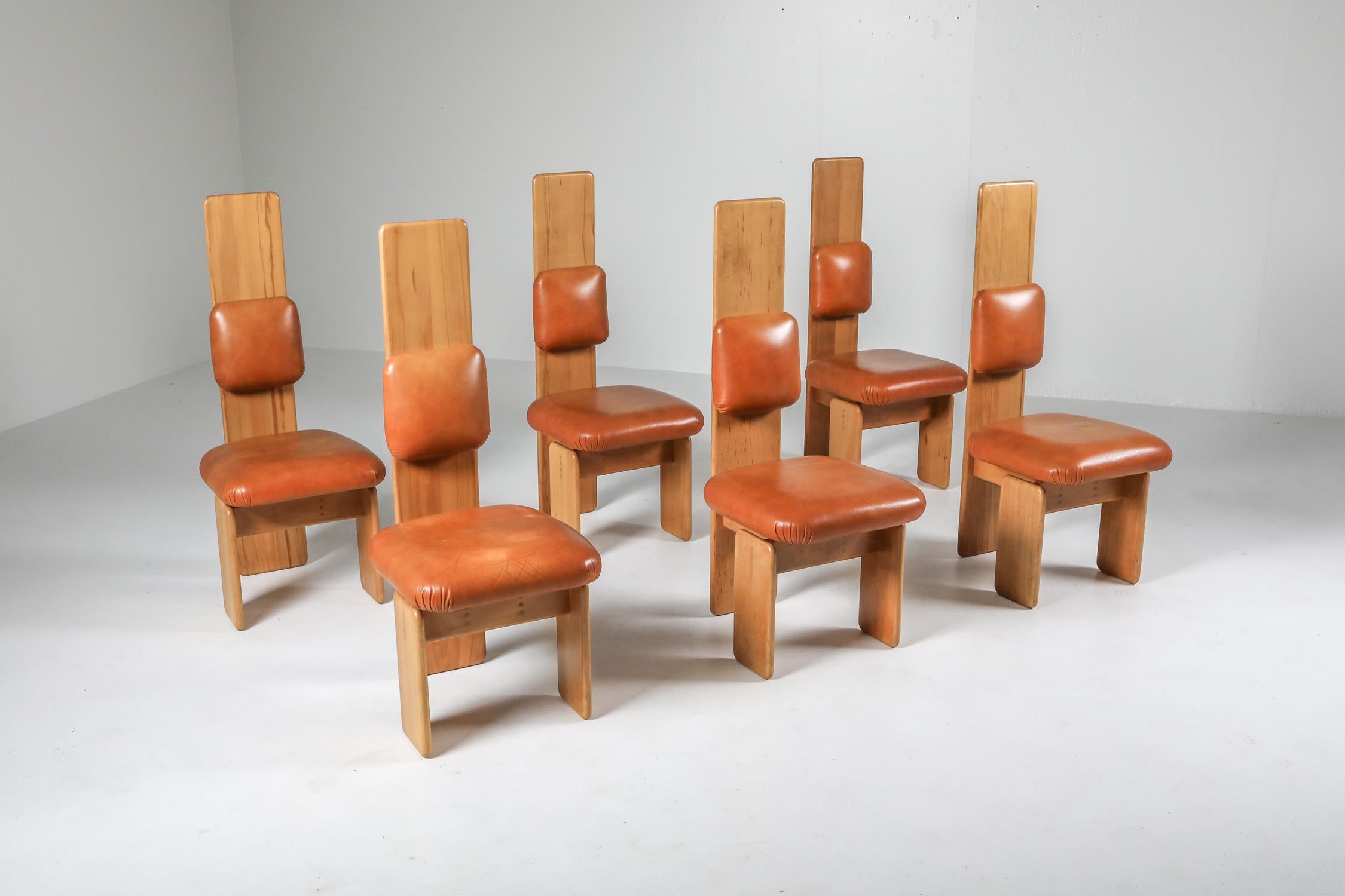 Italian Beech and Leather Dining Chairs by Mario Marenco, Italy, 1970s For Sale