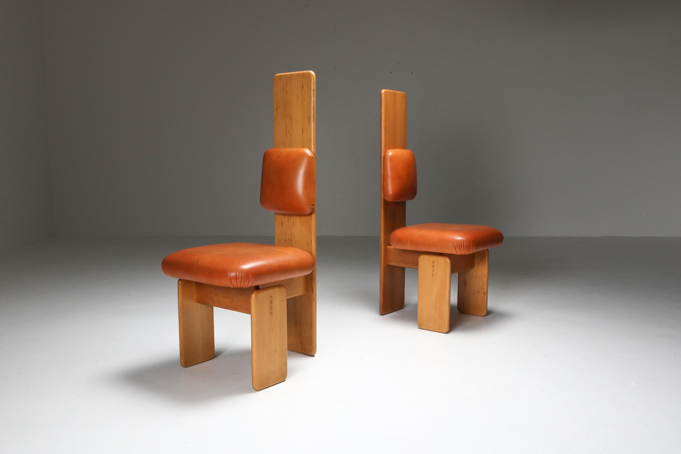 Late 20th Century Beech and Leather Dining Chairs by Mario Marenco, Italy, 1970s For Sale