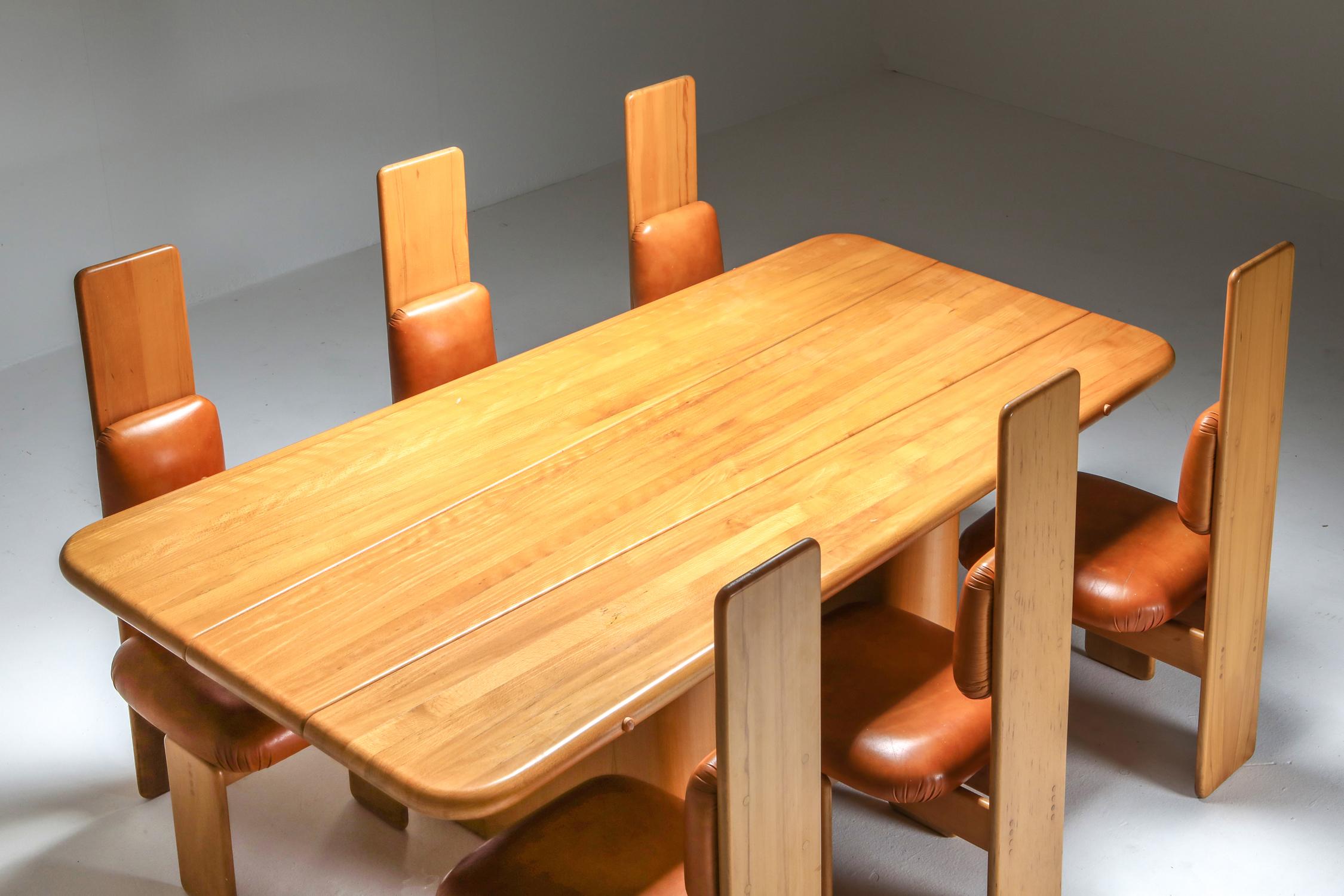 Late 20th Century Beech and Leather Dining Room Set by Mario Marenco, Italy, 1970s For Sale