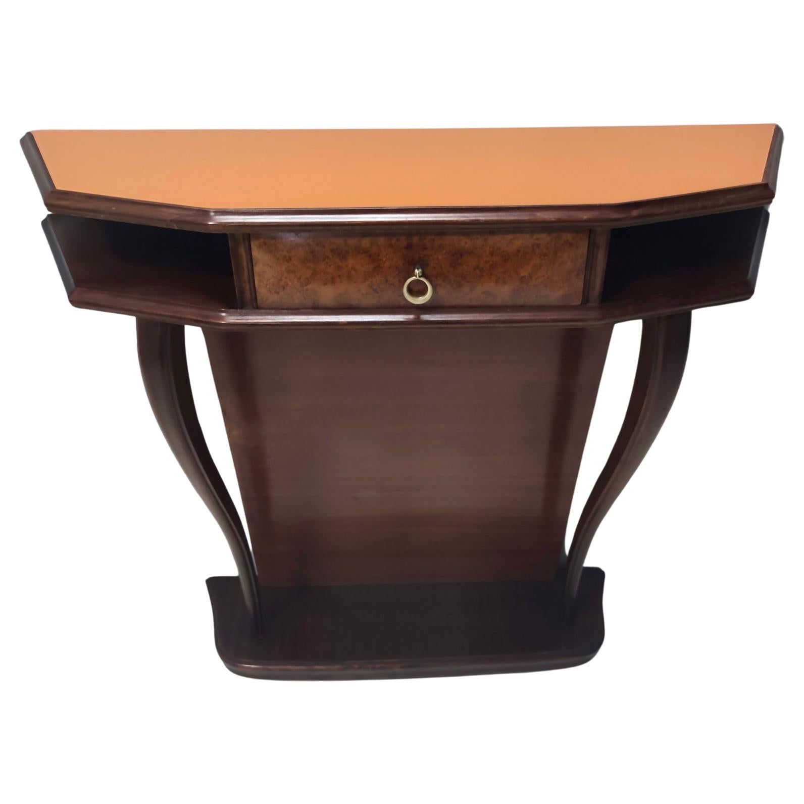 Beech and Walnut Root Console Table with an Orange Glass Top, Italy