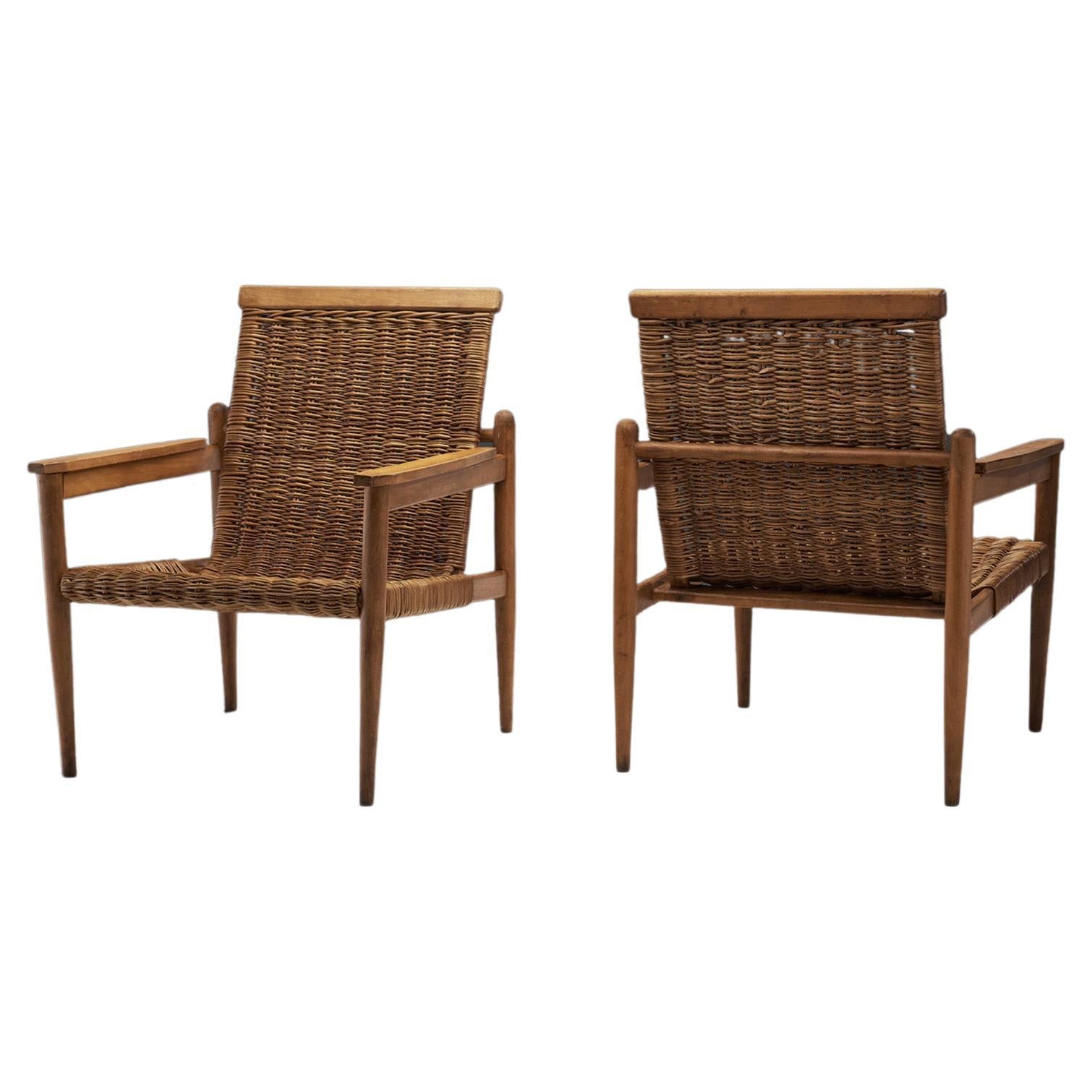 Beech and Wicker Czechoslovakian Armchairs, Czechoslovakia, 1950s For Sale