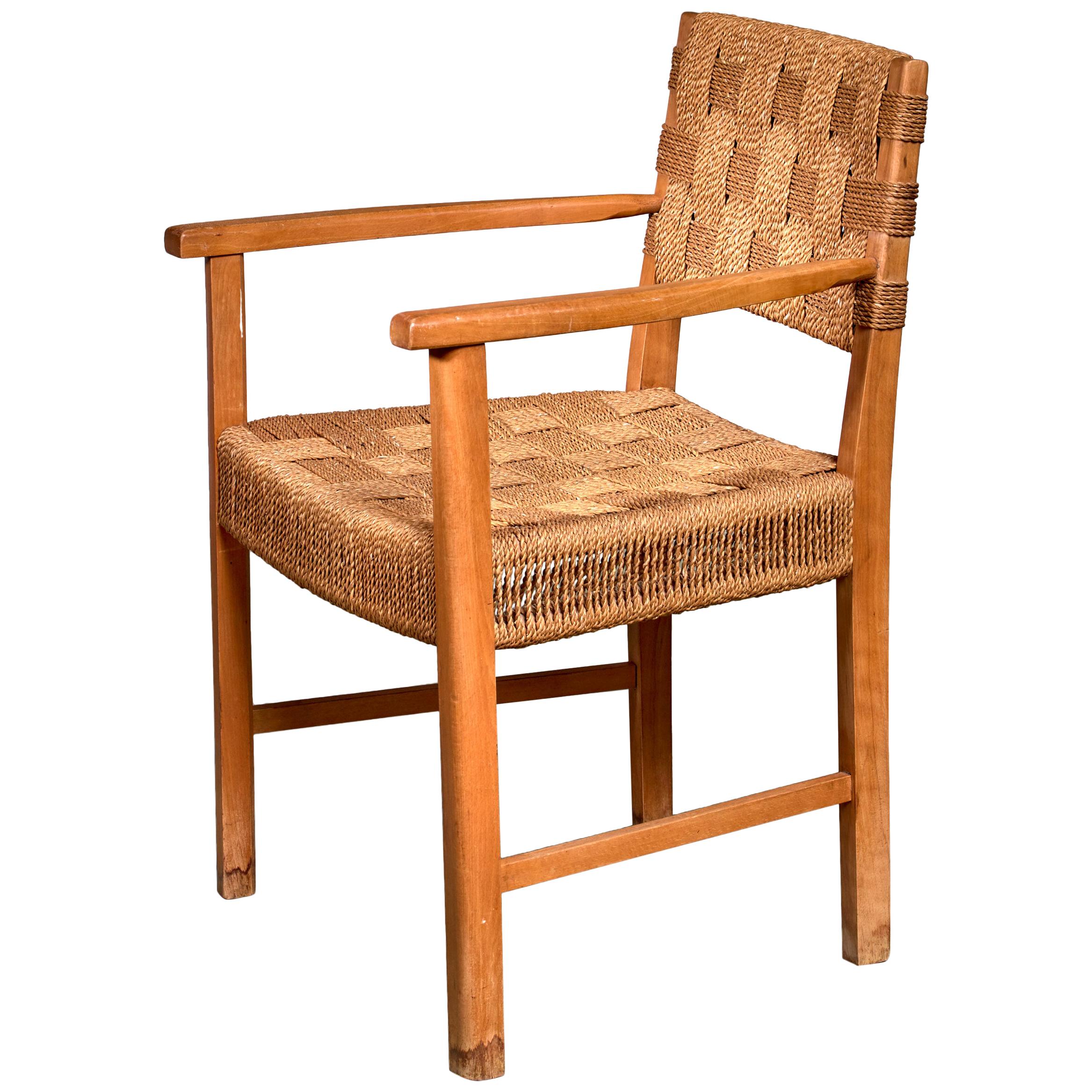Beech and Woven Seagrass Armchair, Denmark, 1940s For Sale