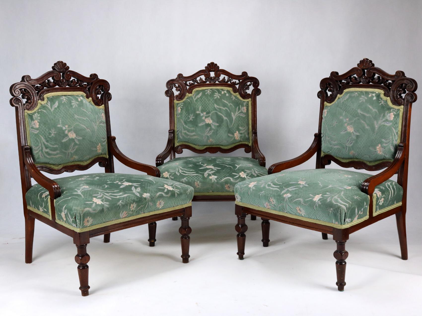 Three beech carved armchairs manufactured, circa 1880.