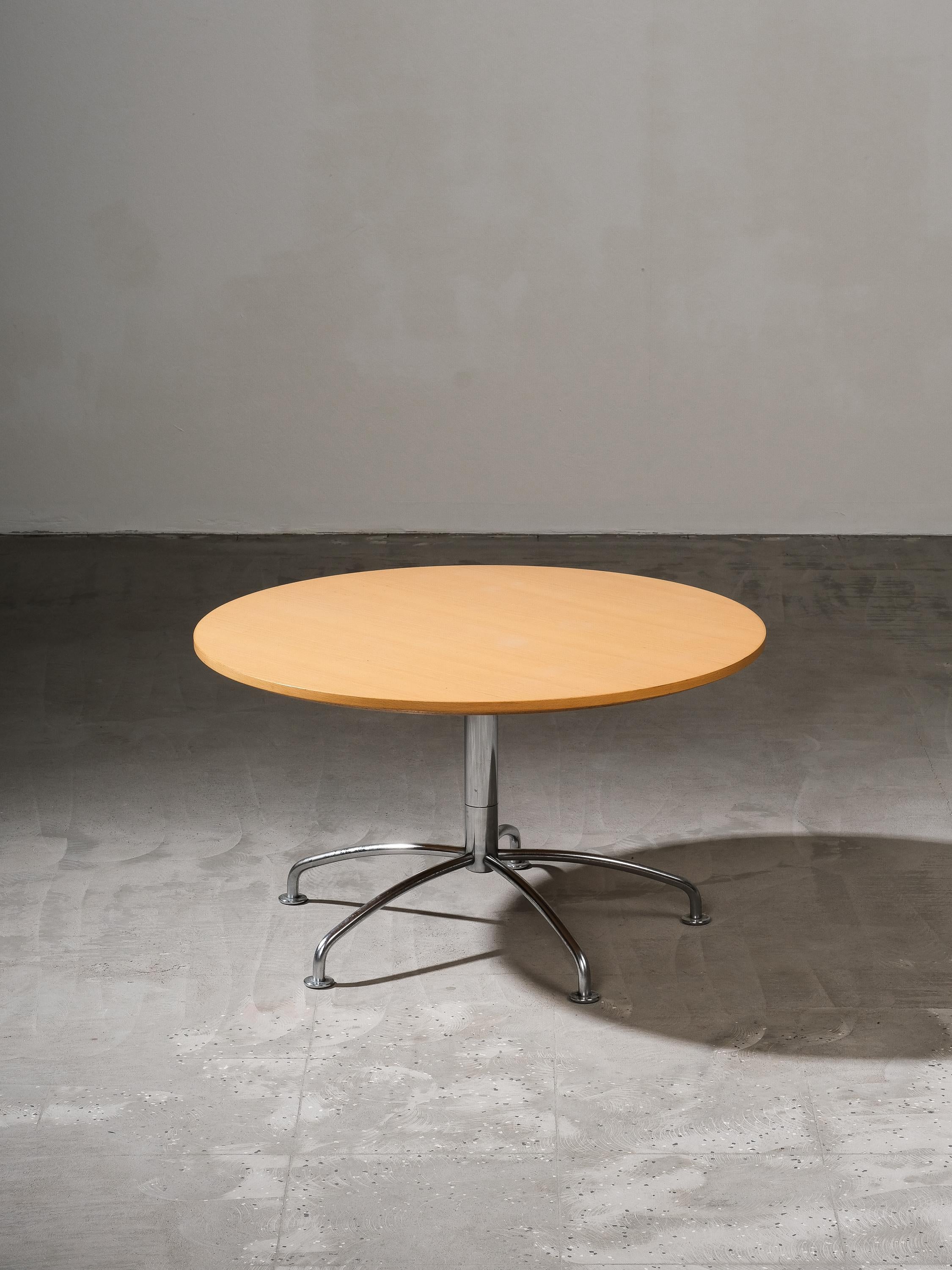 Jens Amundsen for Fritz Hansen SAS-series table. Chrome-plated steel leg, beech table top.