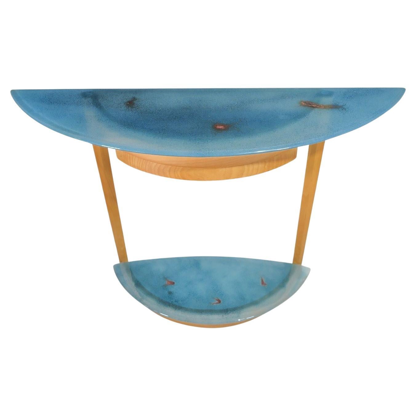 Beech Entryway Console Table with Turquoise Art Glass with Copper Infusions