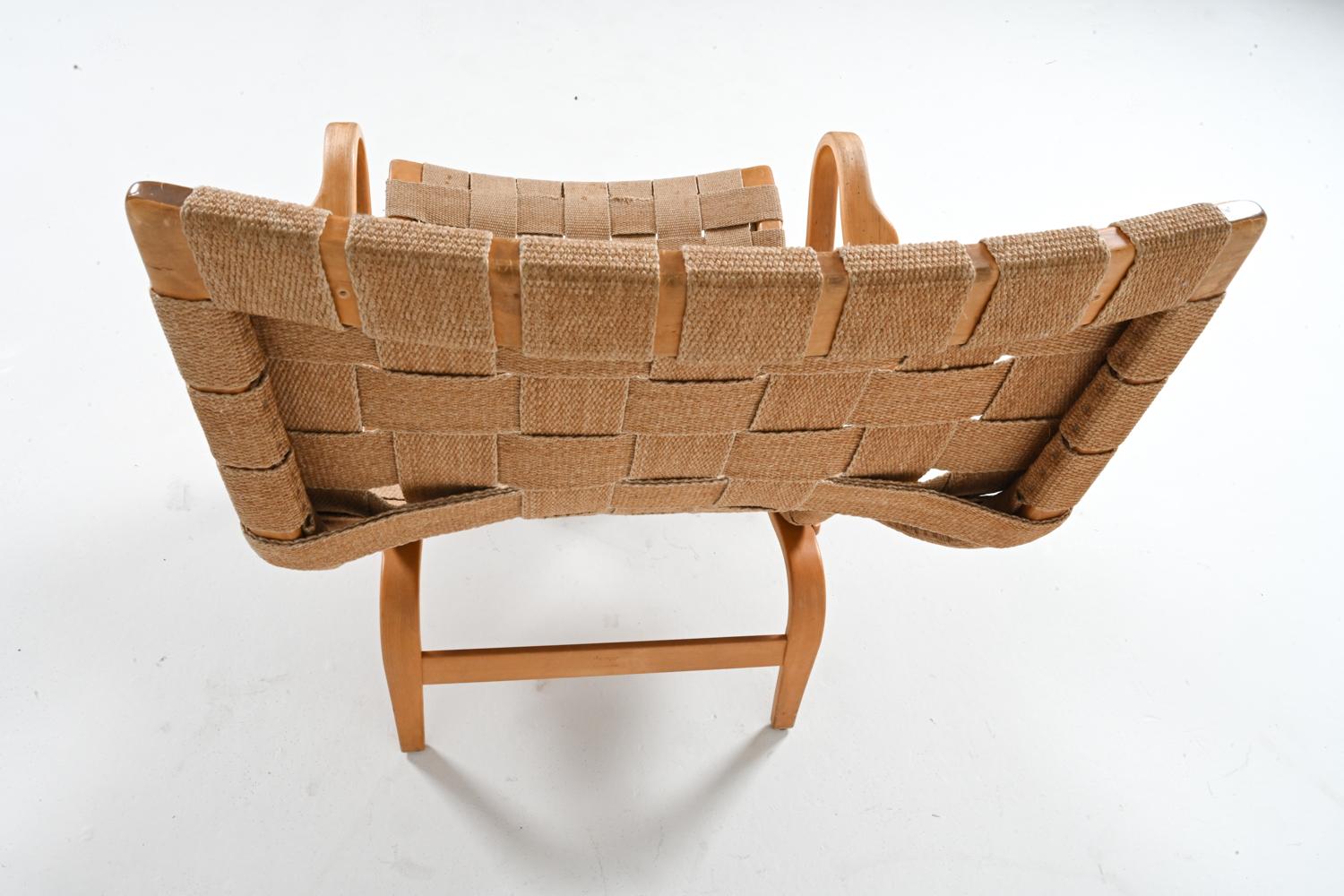 Linen Beech 'Eva' Chair and Footstool by Bruno Mathsson, 1970's For Sale