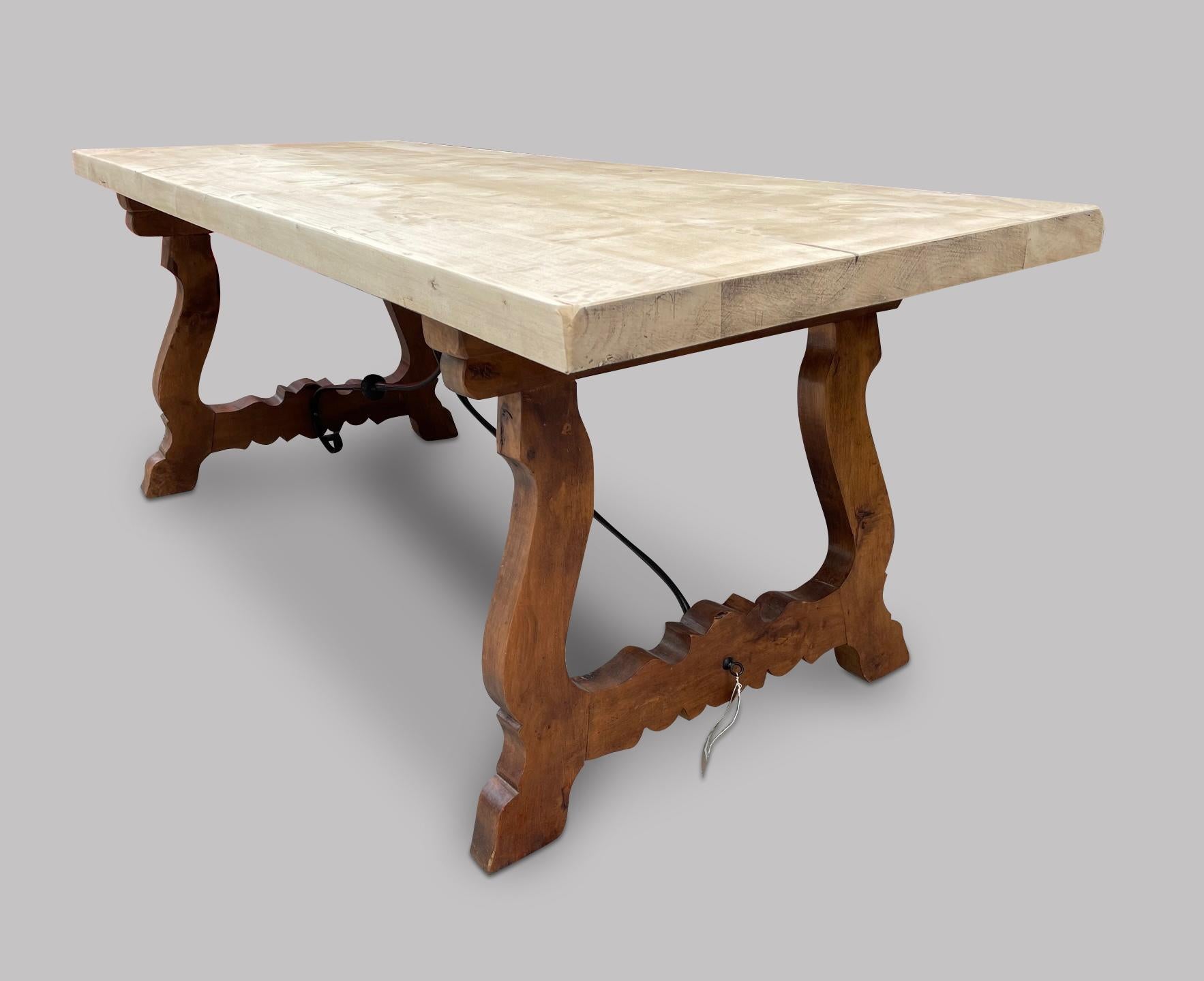 Mid-Century Modern Beech Farmhouse / Refectory Table with Bleached Top