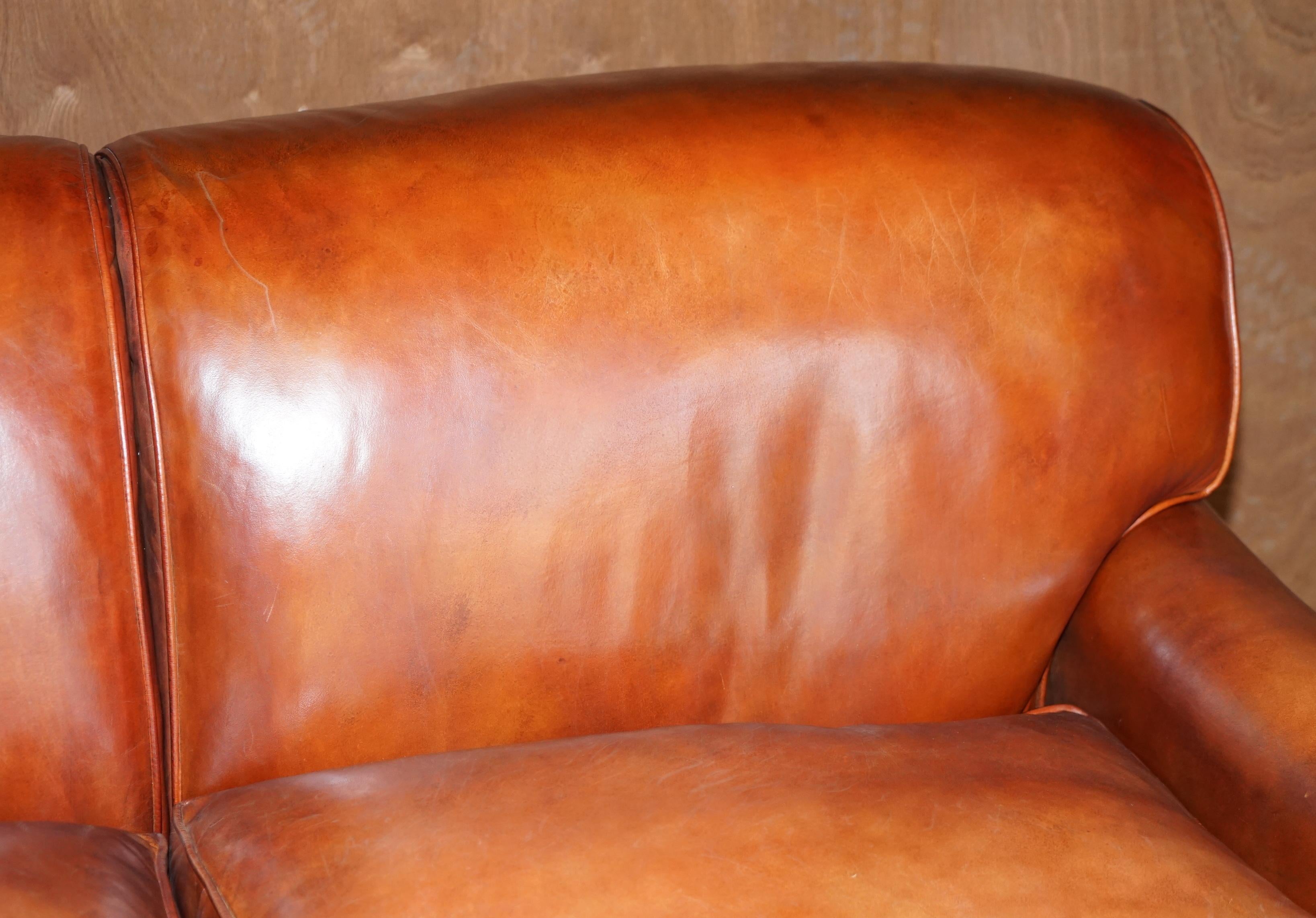 English Beech Framed Hand Dyed Brown Leather Feather Filled Howard & Son's Style Sofa