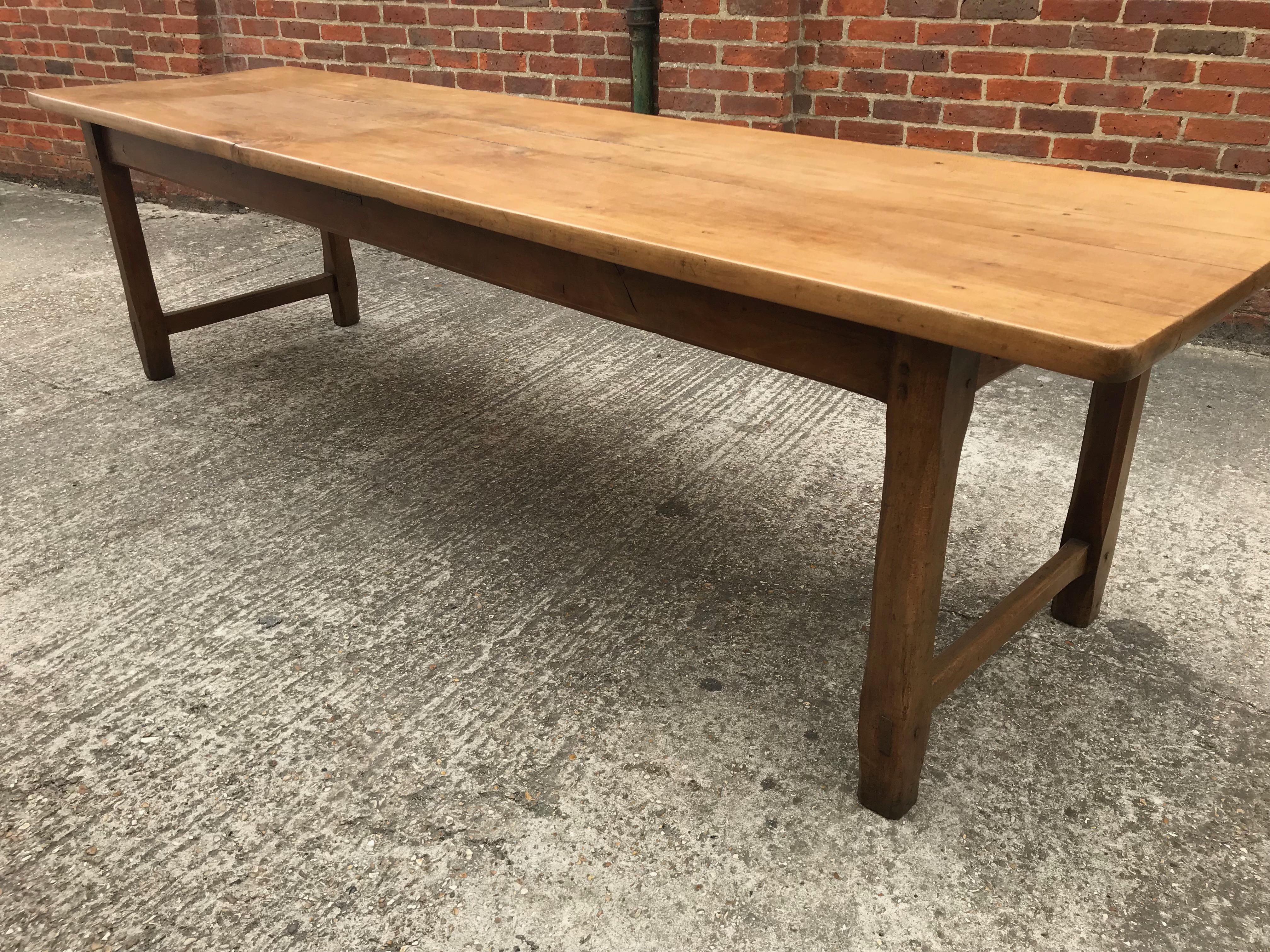 Beech French farmhouse table. Large 3m beech French farmhouse table, with very sturdy base and legs. Glorious colour with a thick top. Very comfortable 12 seater with good leg room. Sturdy base with good proportions. Gorgeous top and