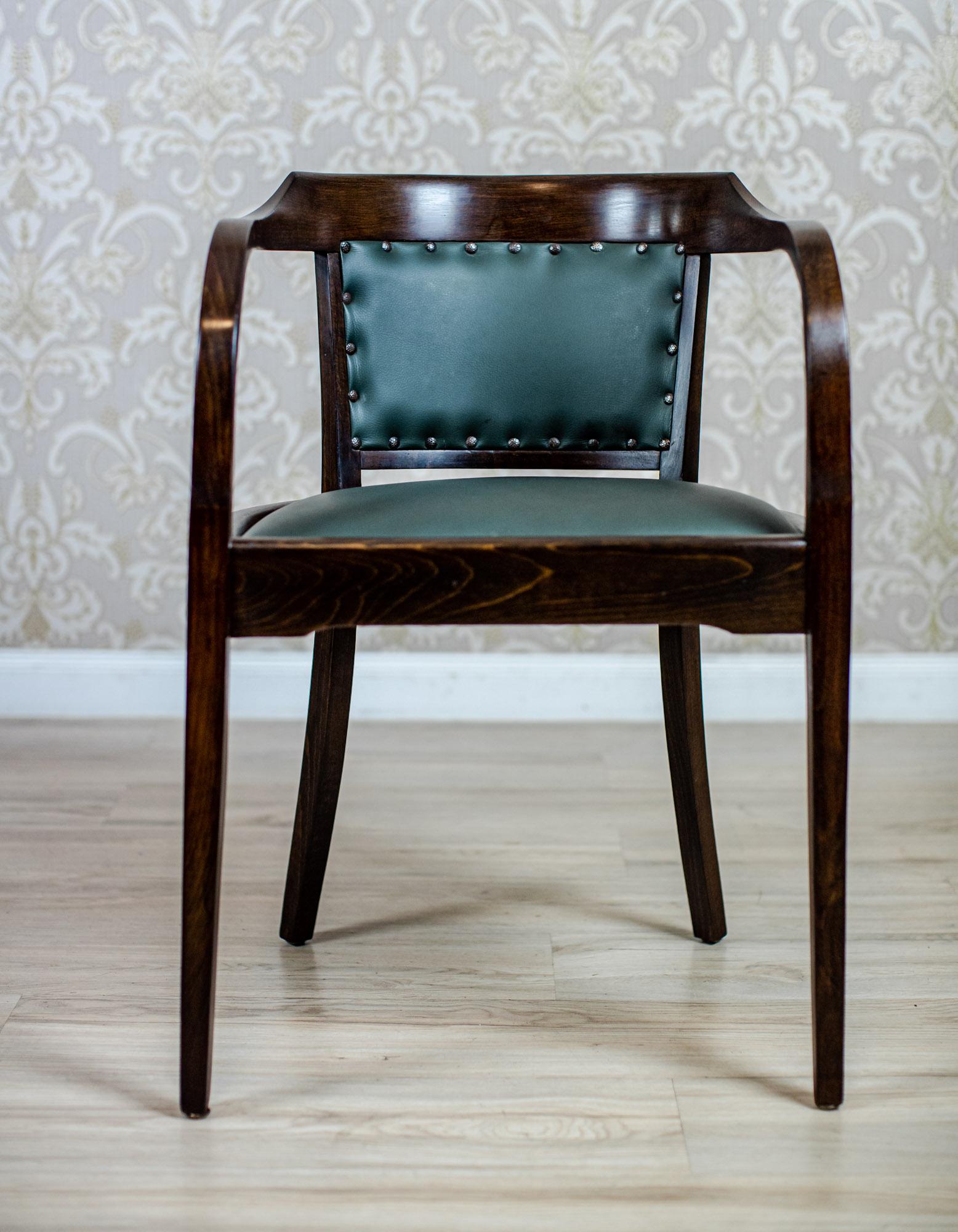 European Beech Office Chair From the Interwar Period Upholstered with Green Leather