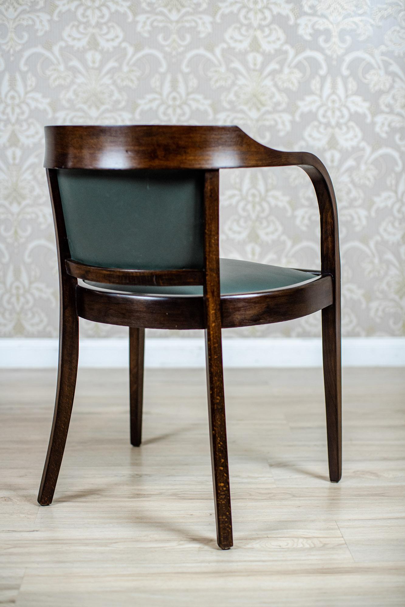 Beech Office Chair From the Interwar Period Upholstered with Green Leather In Good Condition In Opole, PL