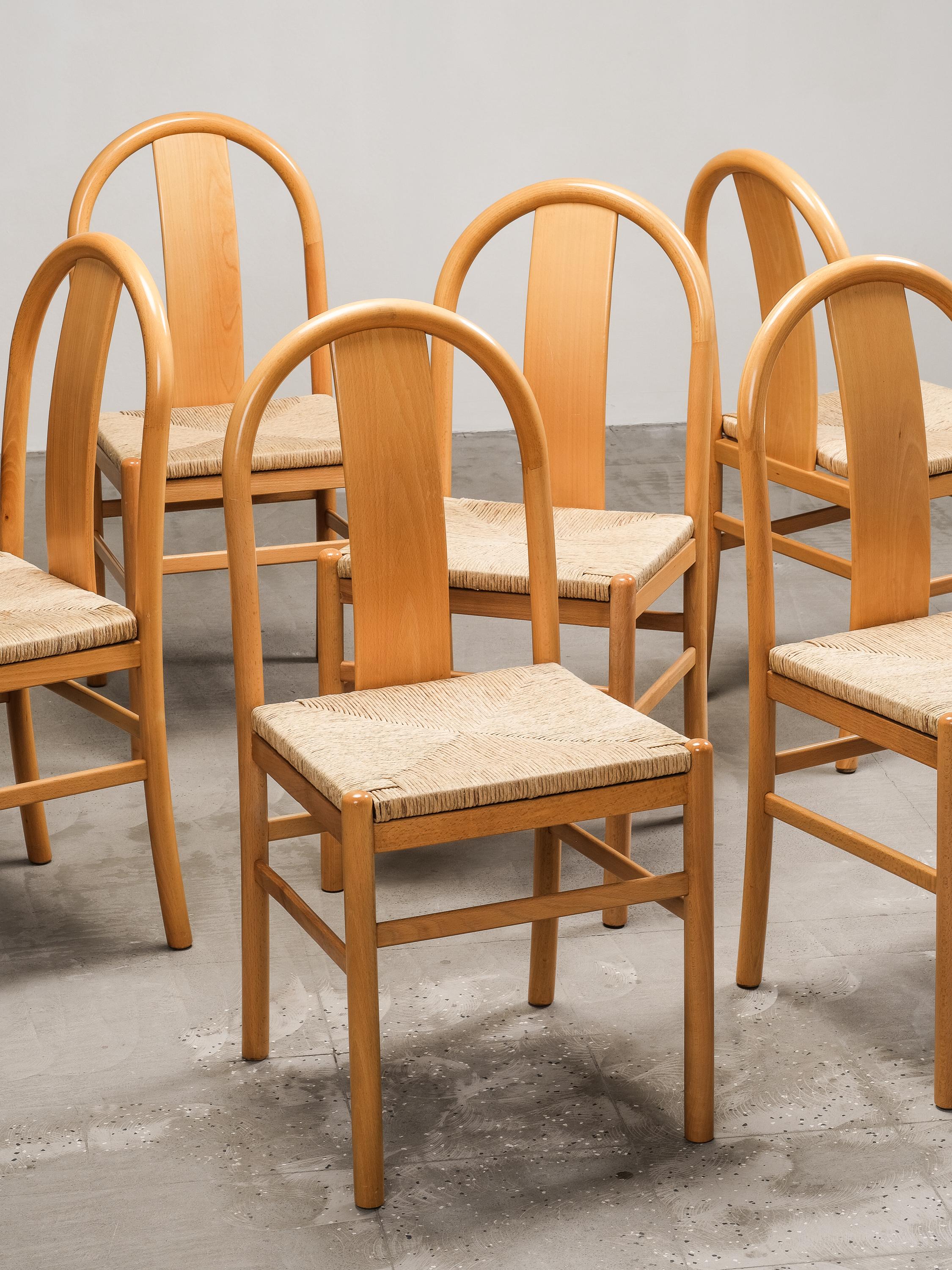 Postmoderno Sedie da pranzo in Beeche e Corda di Carta nello stile di Annig Sarian, anni '80, set di 6 in vendita