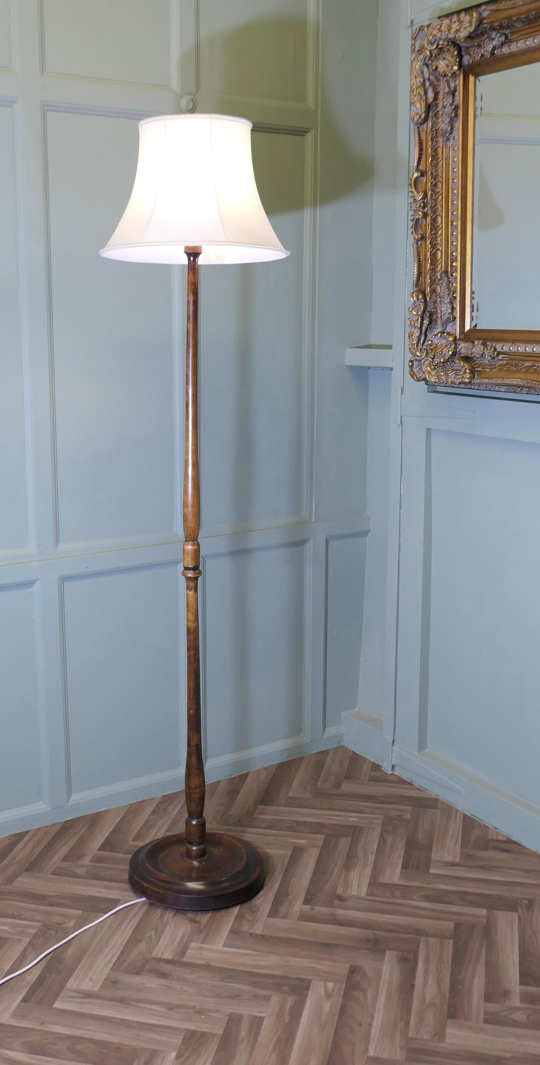 Beech Standard or Floor Lamp with Linen Shade

This is a very stylish piece, the round turned base of the lamp has a moulded edge and the column also is turned
The lamp is in good condition, working and is shown with an oval linen lampshade
The lamp