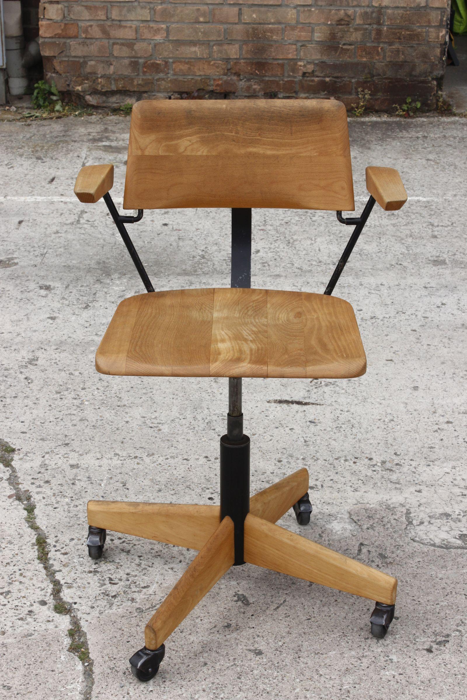 Swiss Beech & Steel swivel desk Chair by Martin Stoll for Giroflex Switzerland 1950s