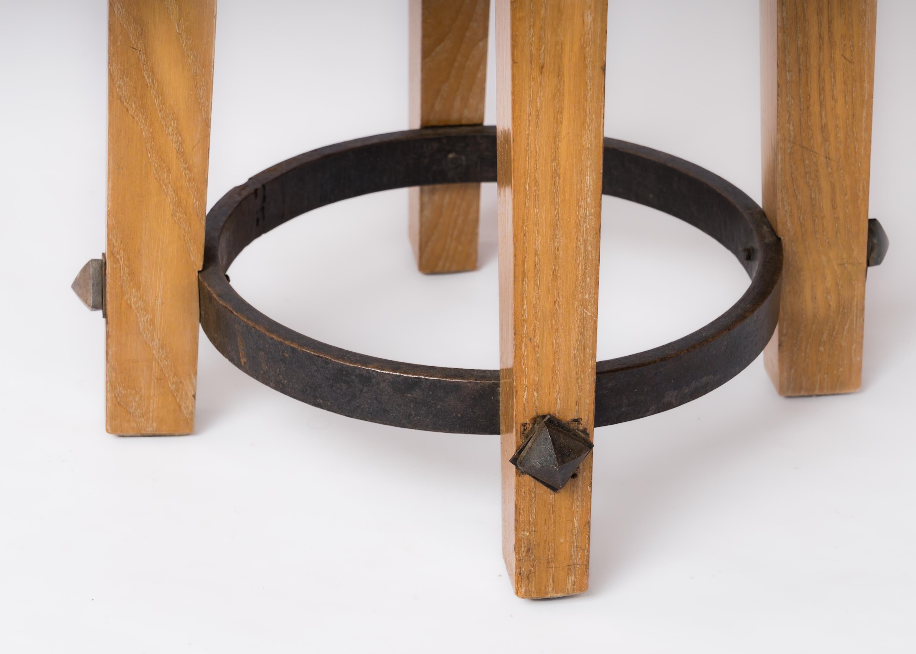Beech Stool with Iron Strapping in the style of Arbus - France 1940's In Good Condition For Sale In New York, NY
