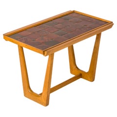 Beech & "Tommettes" Style Tiles Side Table - France 1970s