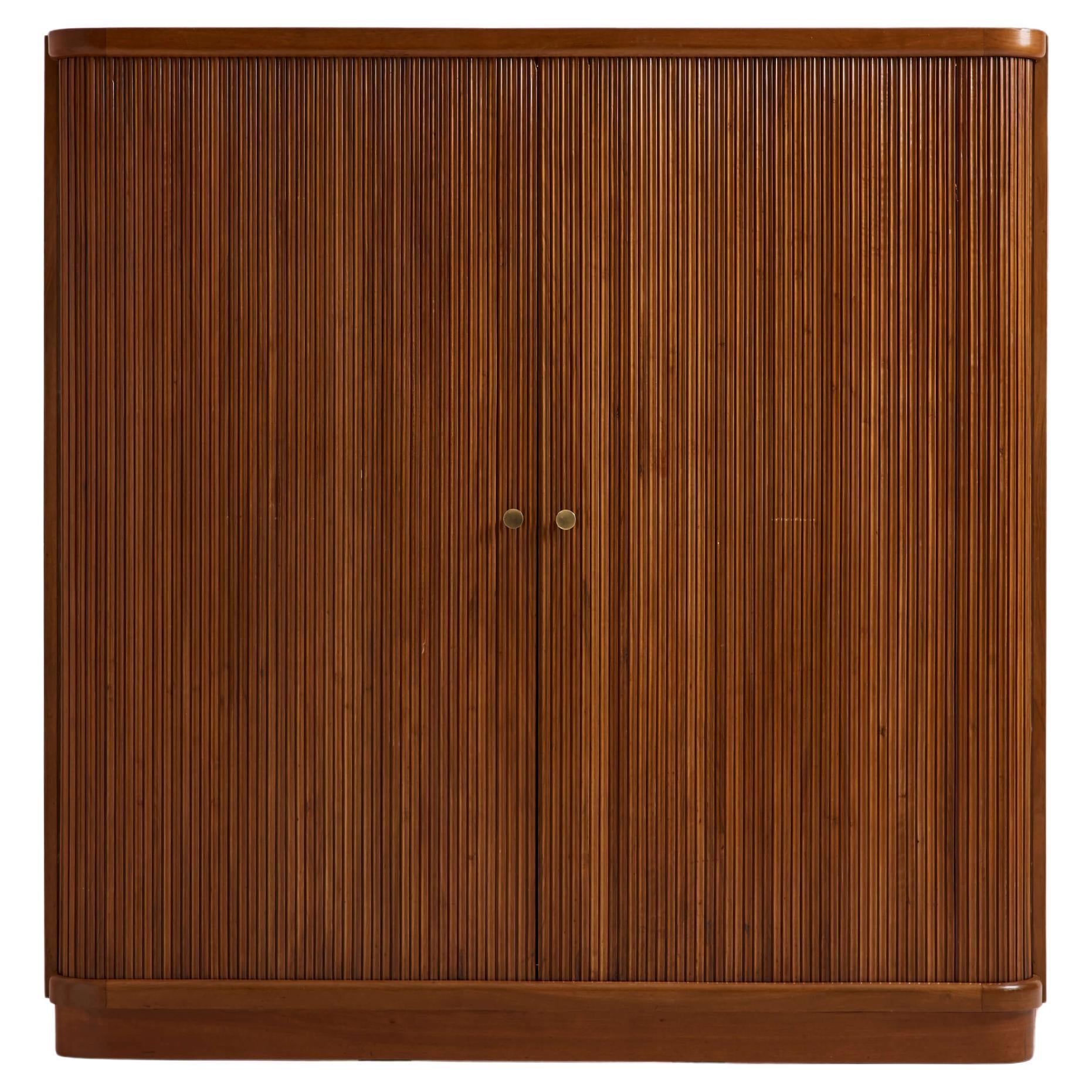 Beech wardrobe with roller shutters, glass shelves, interior light, Italy, 1950s