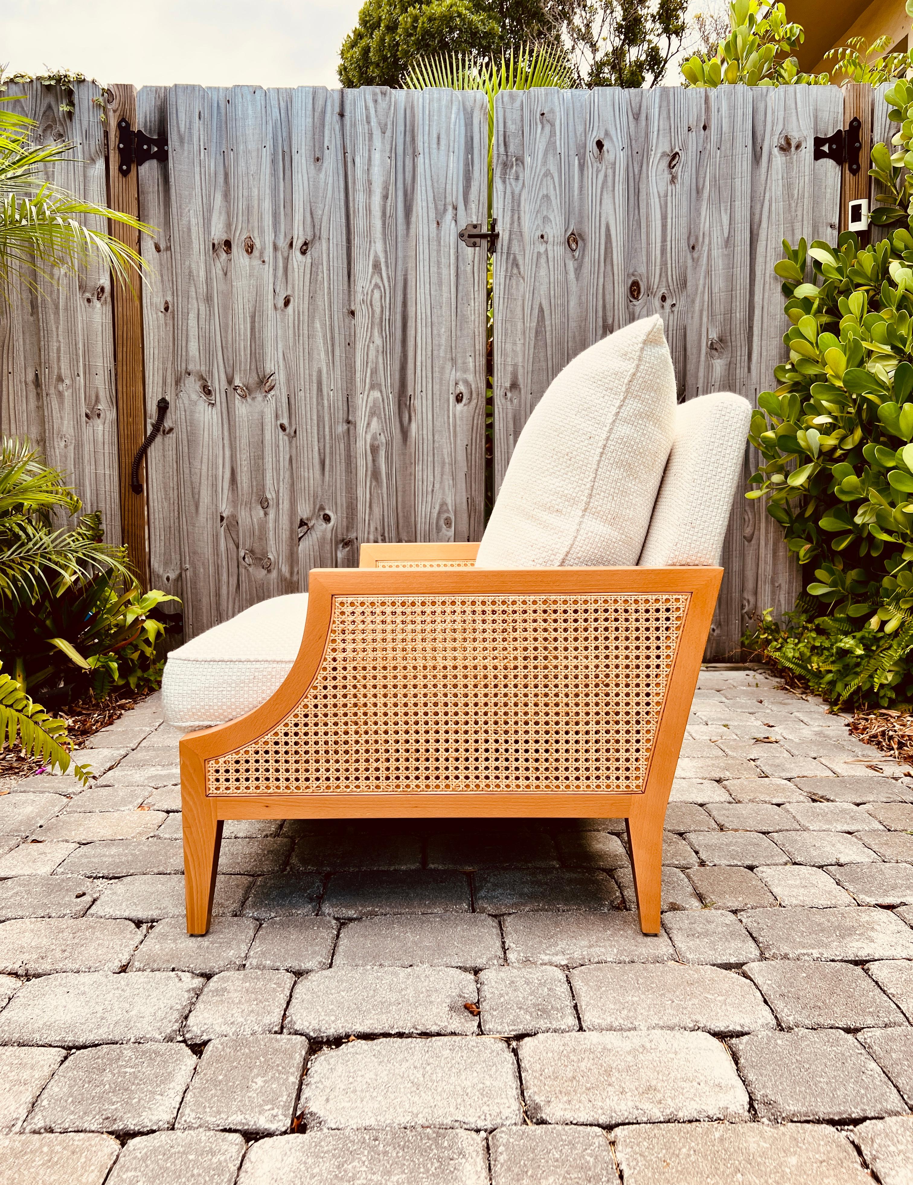 Textile Beechwood and Cane Lounge Chair in Ivory Basketweave by Pierre Frey For Sale