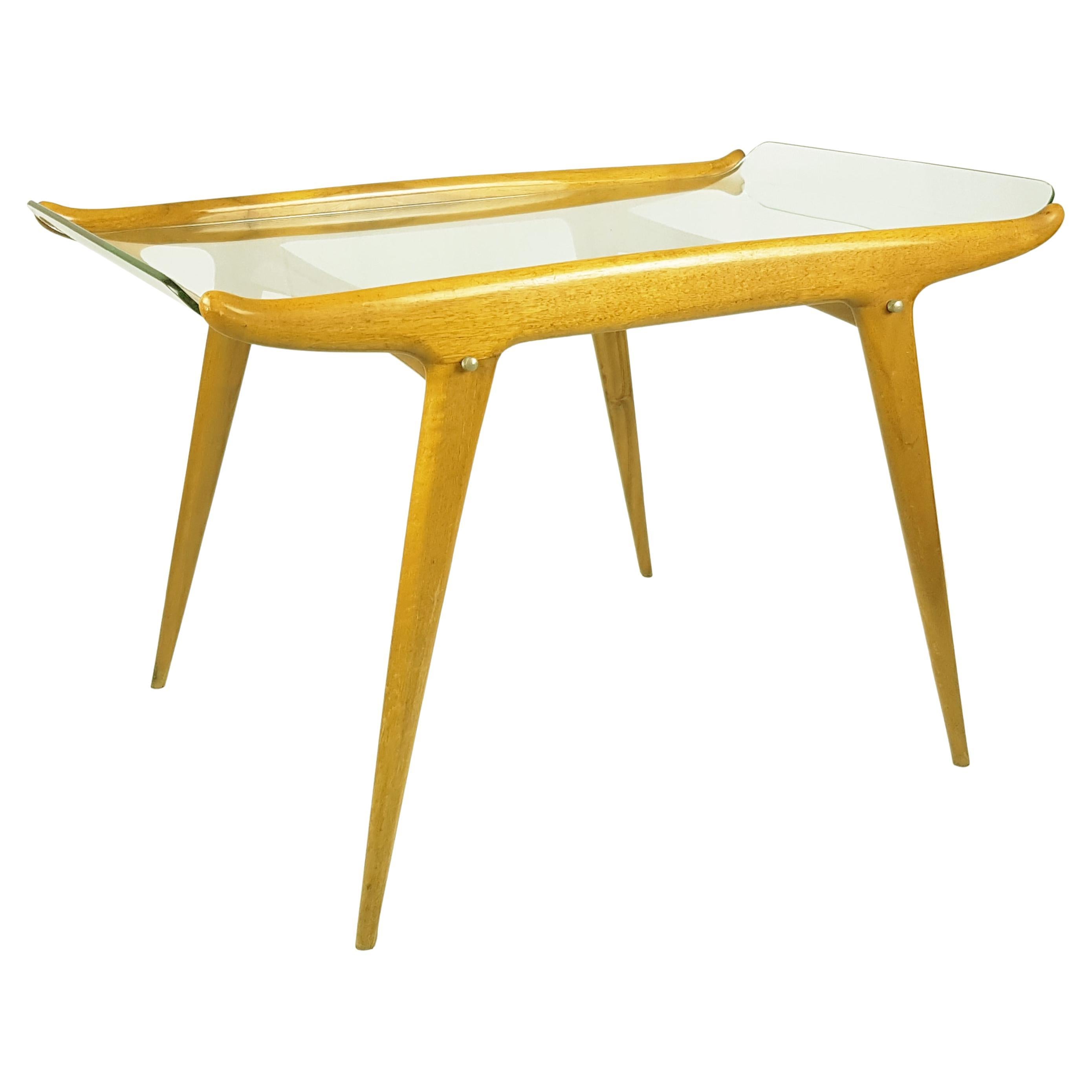 Table basse en bois de Beeche et verre bombé Mid Century Modern dans le style de Font. en vente