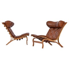 Used Beech Wood Arne Norell Skandi Chair Set in Tufted Cognac Leather Made in Sweden