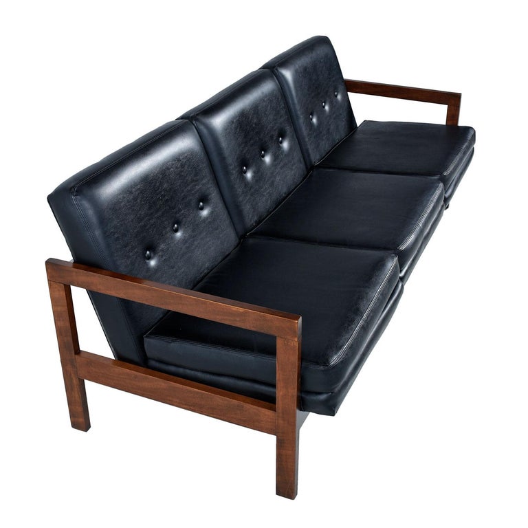 Beechwood MidCentury Modern Black Leather Sofa Couch with Button