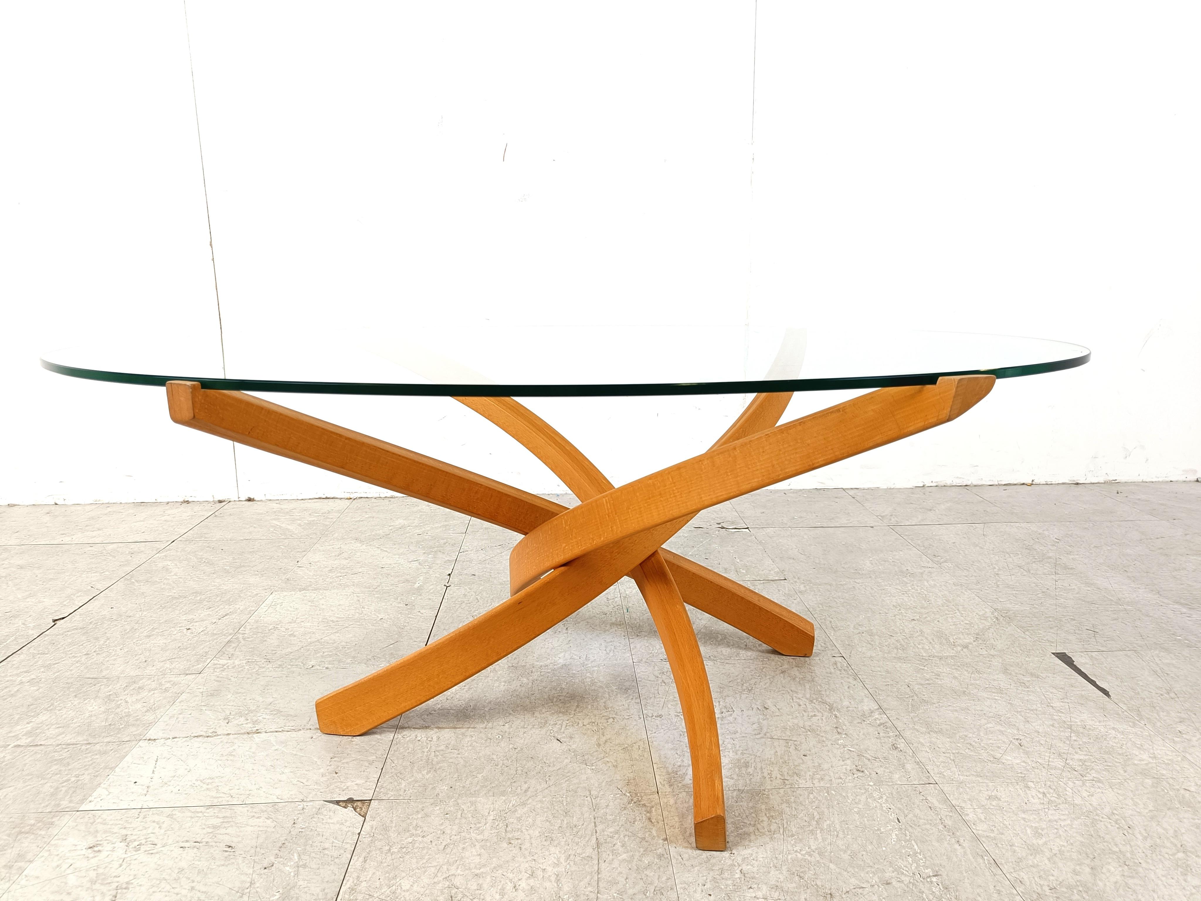 French Beech wooden coffee table by Maison Regain, 1980s For Sale