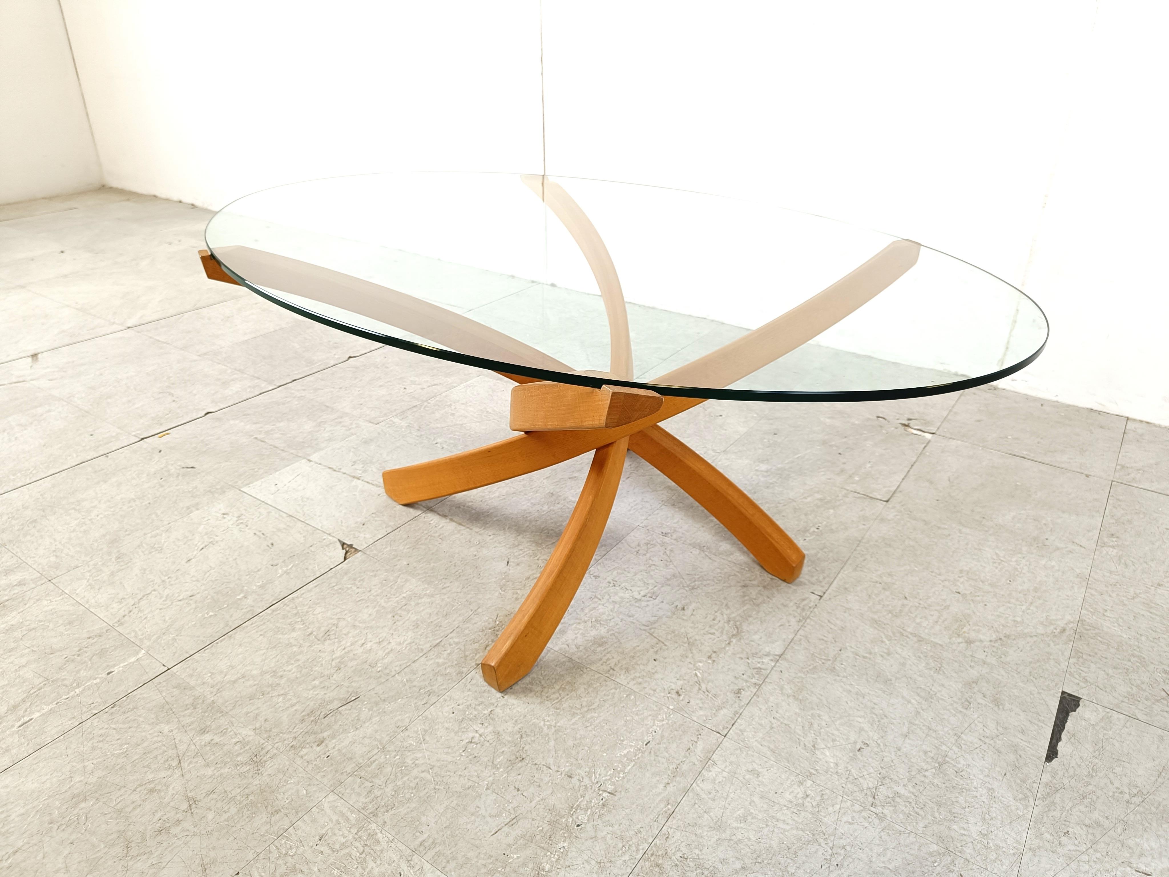 Glass Beech wooden coffee table by Maison Regain, 1980s For Sale