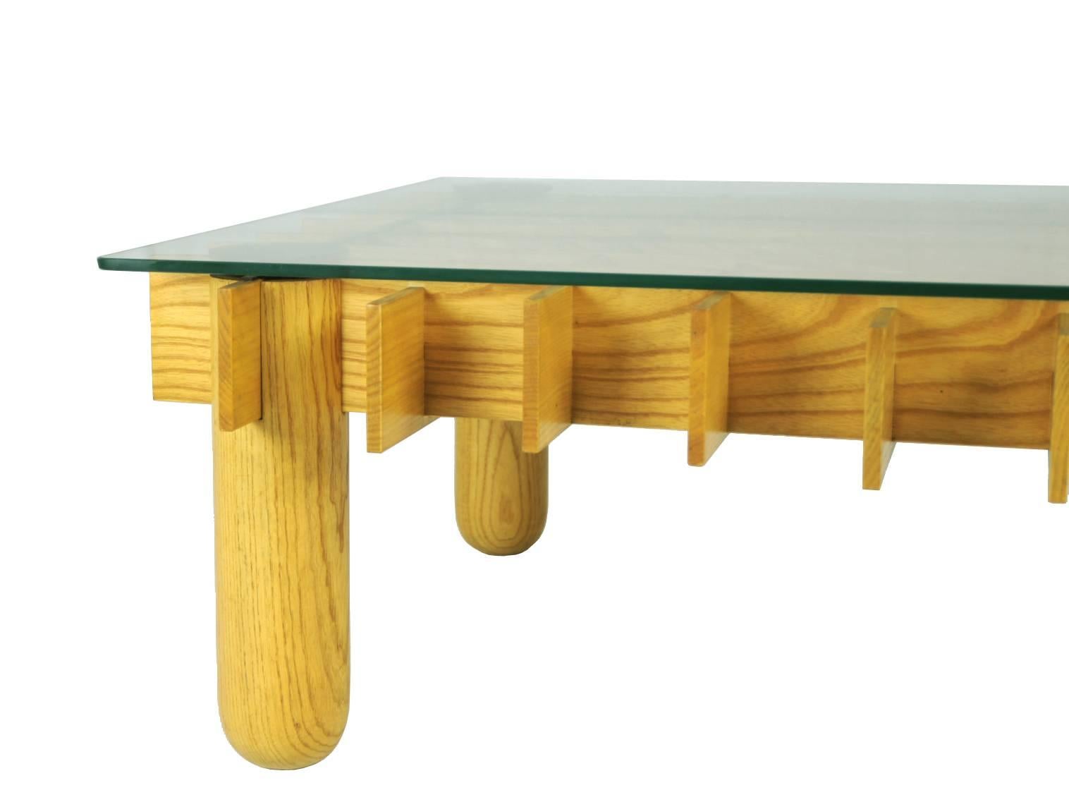 Japonisme Wood, Glass and Rubber 1970s Coffee Table For Sale