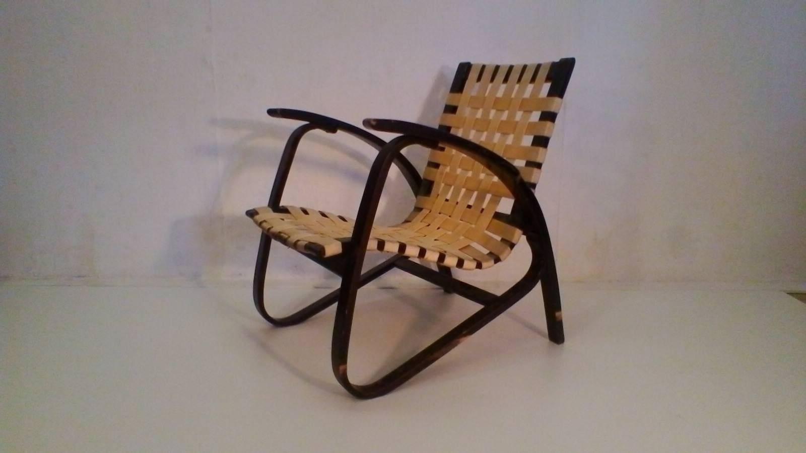 Beechwood armchairs with tattered seat. Design Jan Vanek, Czechoslovakia, circa 1930s.
Original good condition.