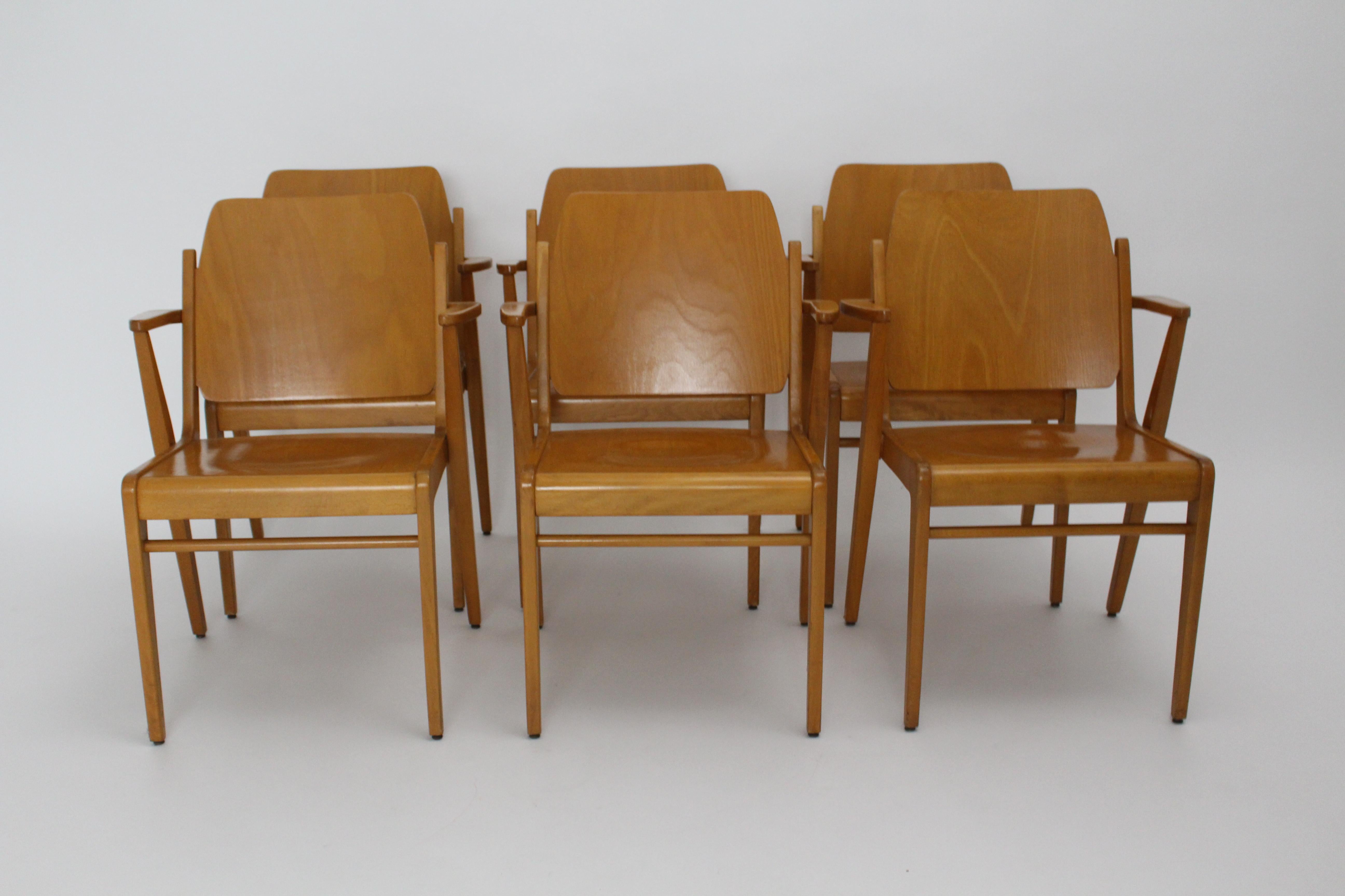Esszimmerstühle aus Buchenholz Austro by Franz Schuster Wien 1959 Sechser-Set im Zustand „Gut“ im Angebot in Vienna, AT