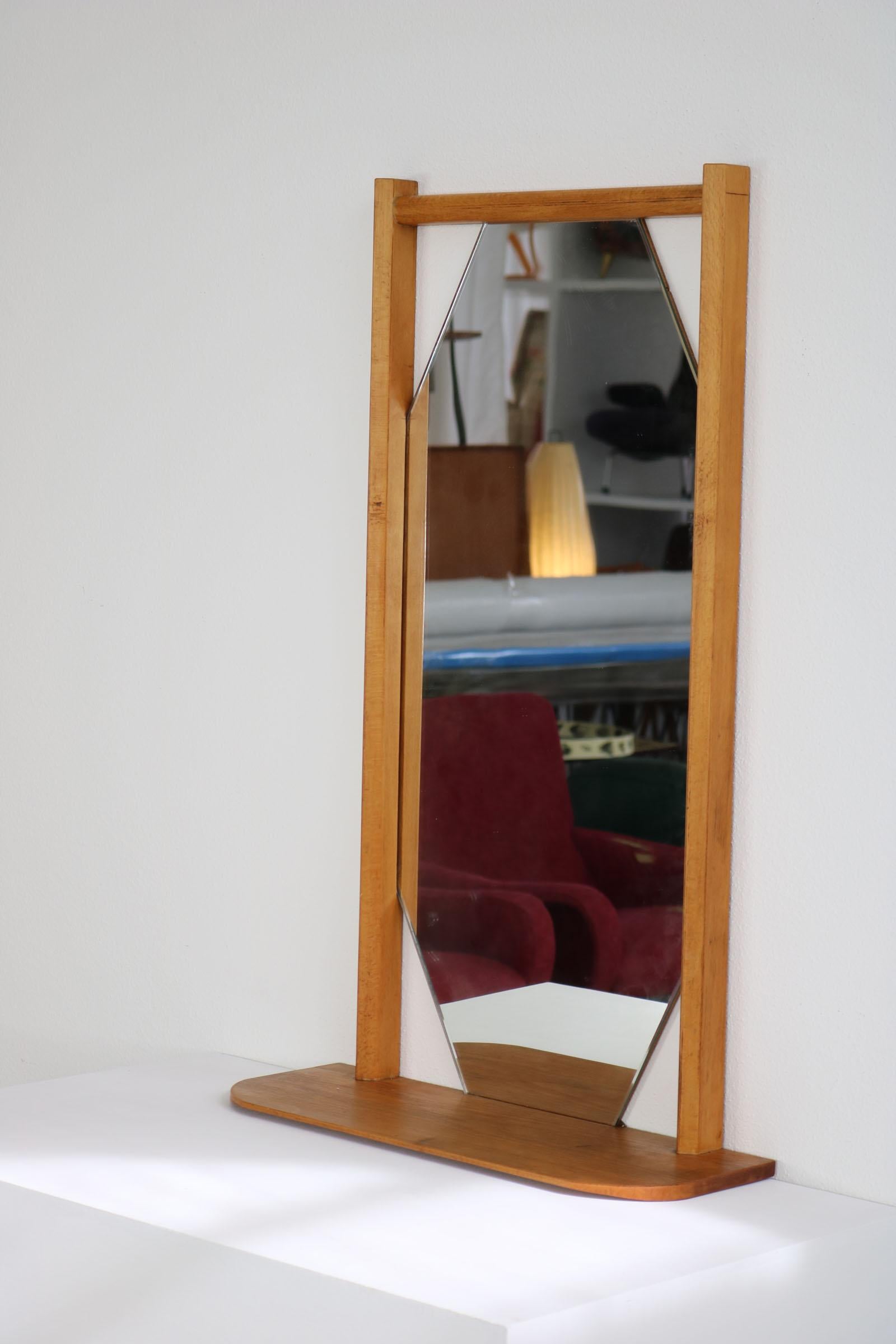 Beechwood Framed, Hexogan Shaped Italian Wall Mirror with Shelf, 1960s For Sale 6