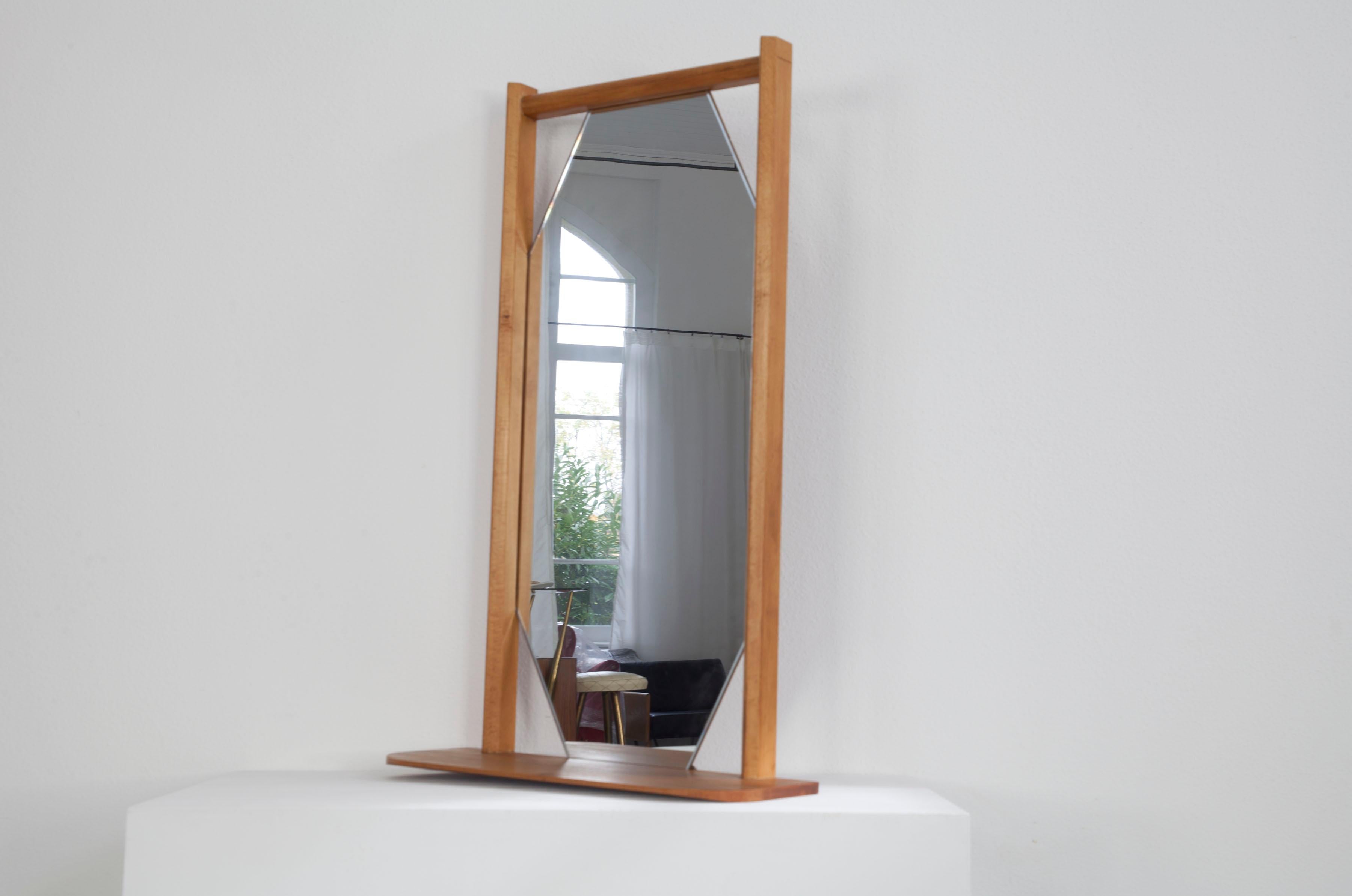 Mid-Century Modern Beechwood Framed, Hexogan Shaped Italian Wall Mirror with Shelf, 1960s For Sale