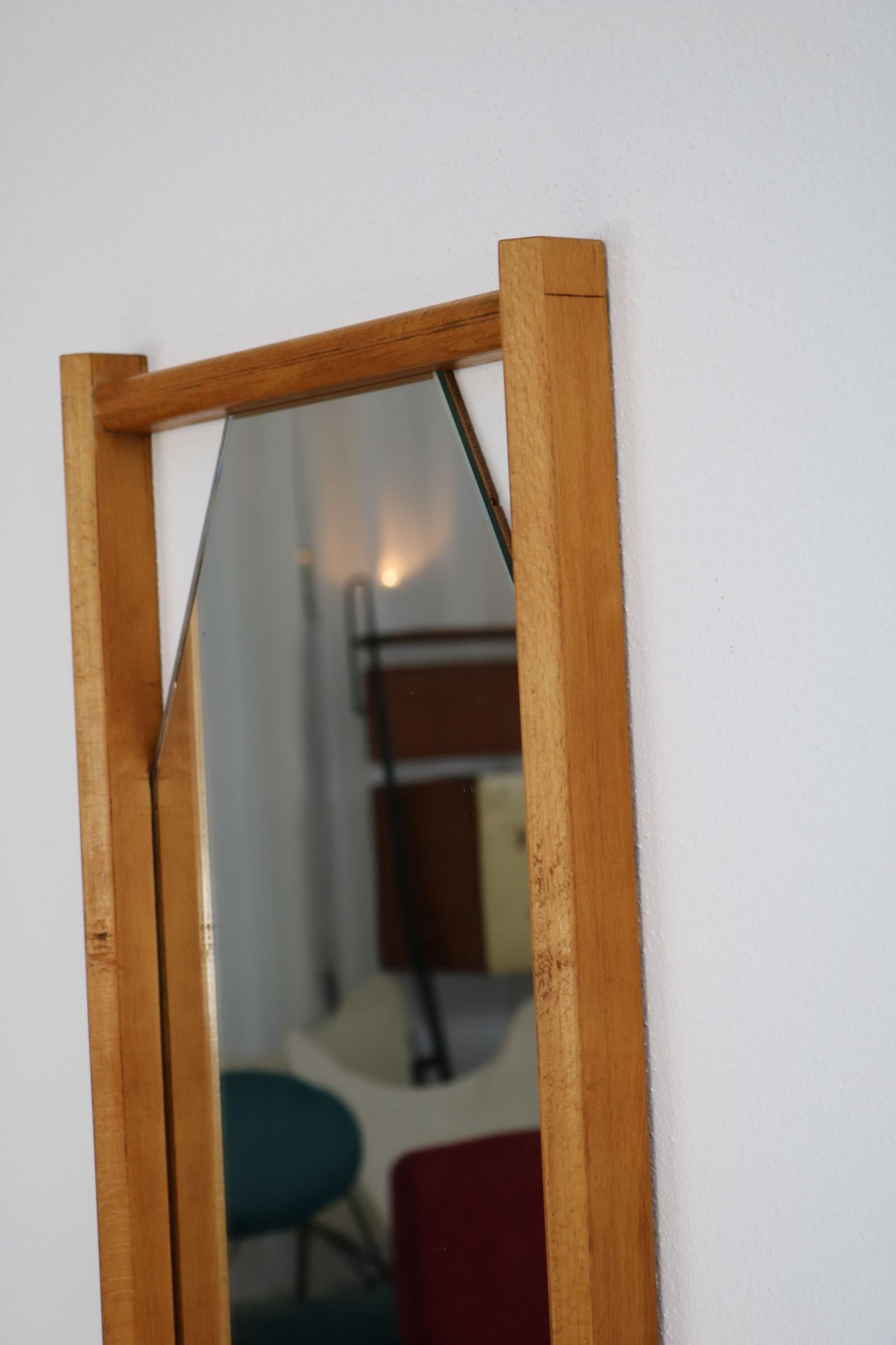 Beechwood Framed, Hexogan Shaped Italian Wall Mirror with Shelf, 1960s For Sale 4
