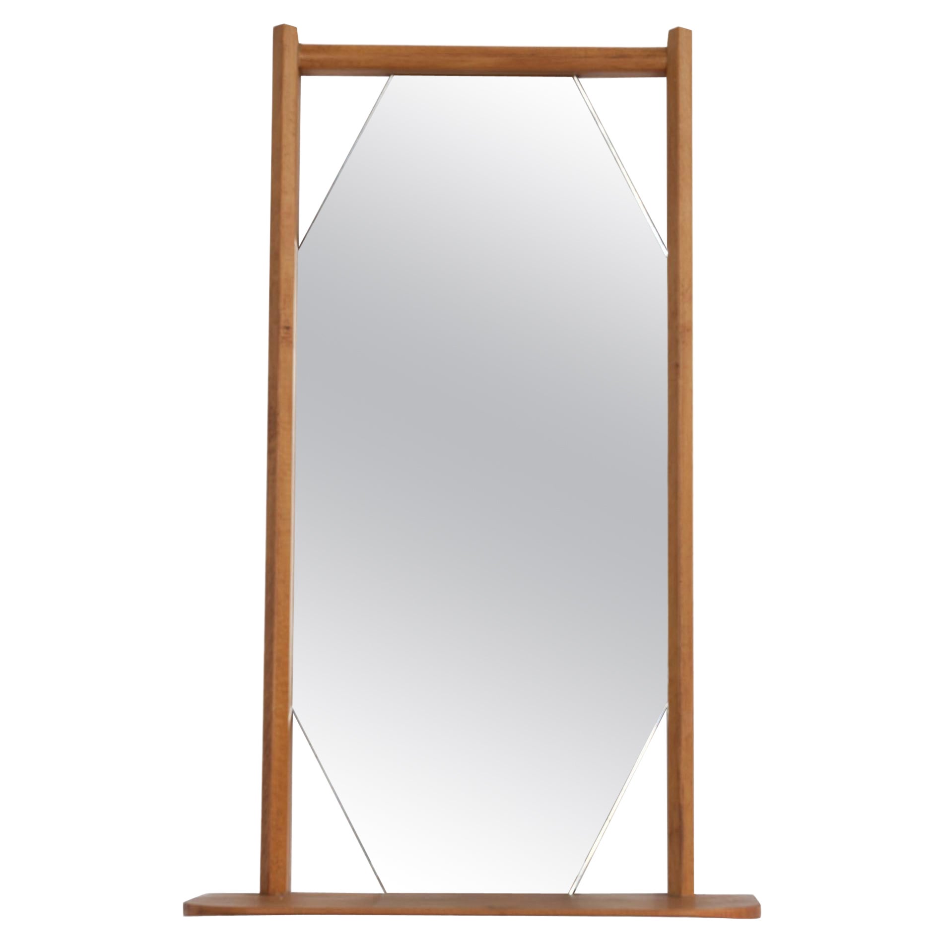 Beechwood Framed, Hexogan Shaped Italian Wall Mirror with Shelf, 1960s For Sale
