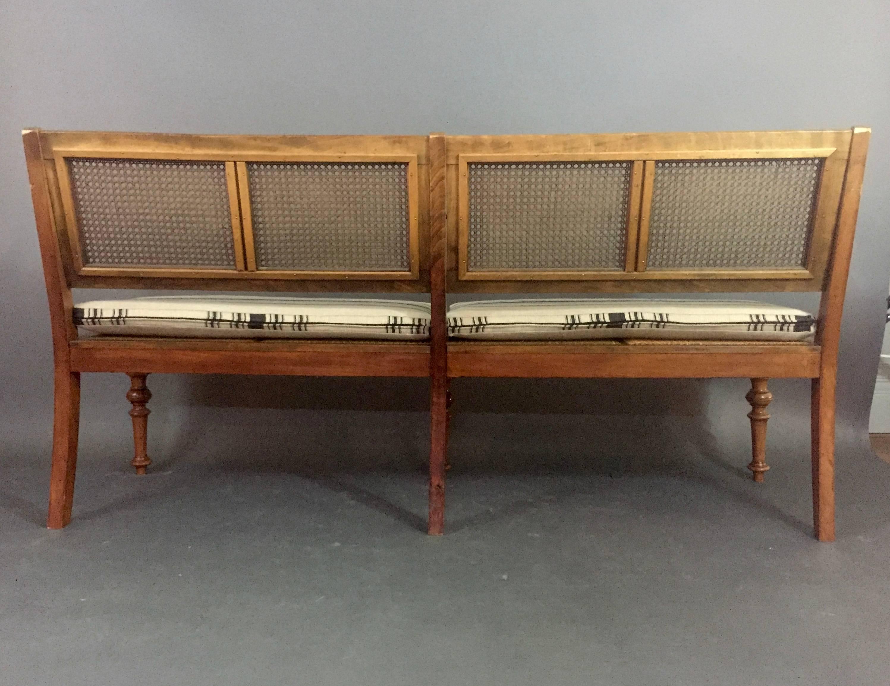 Art Nouveau Beechwood Long Bench with French Caning, Linen Covers, circa 1915 For Sale