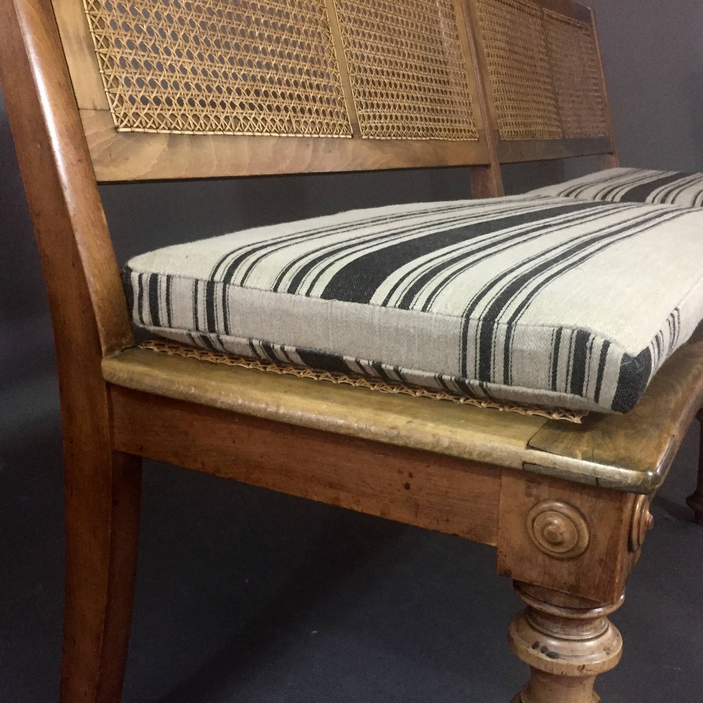 Beechwood Long Bench with French Caning, Linen Covers, circa 1915 For Sale 1