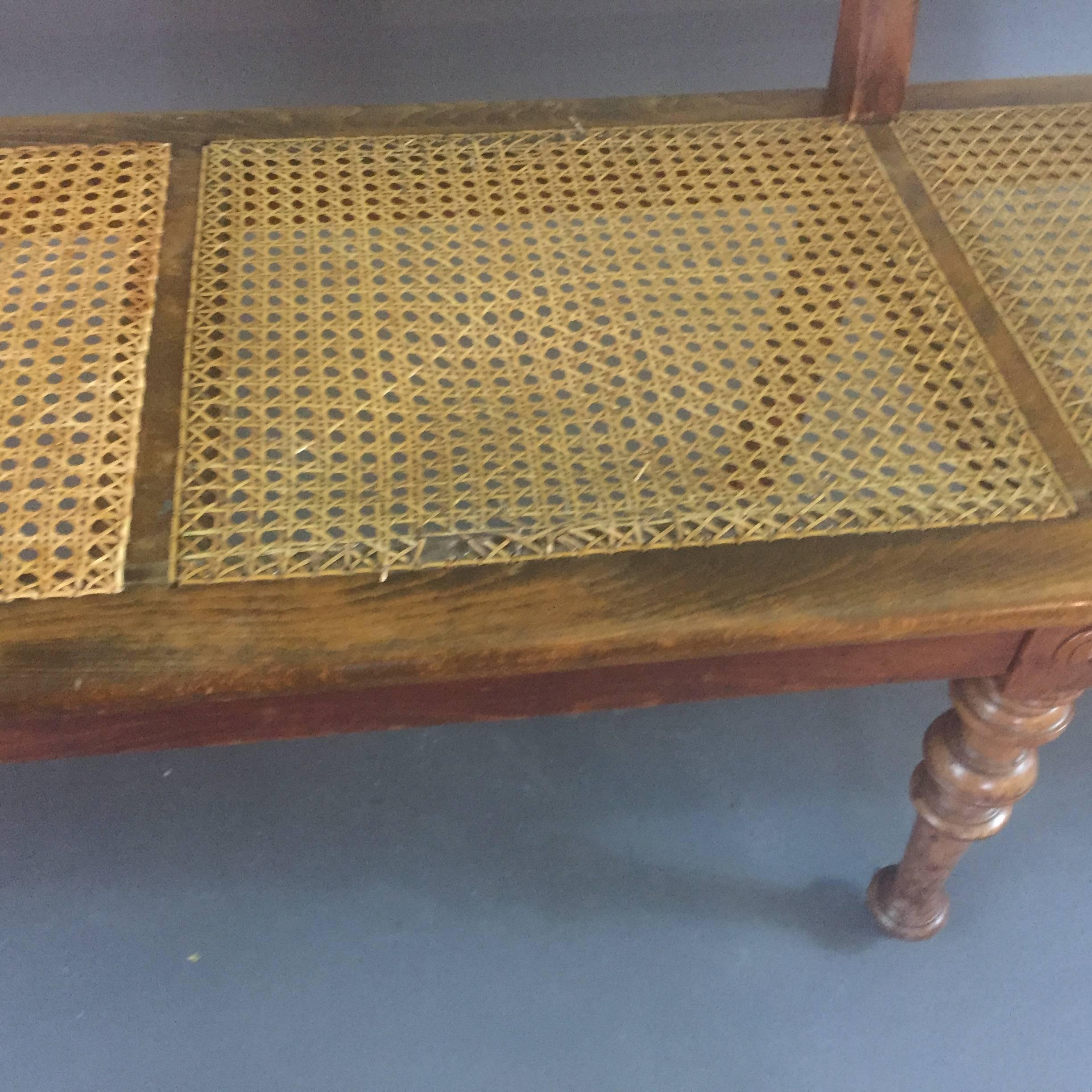 Beechwood Long Bench with French Caning, Linen Covers, circa 1915 For Sale 3