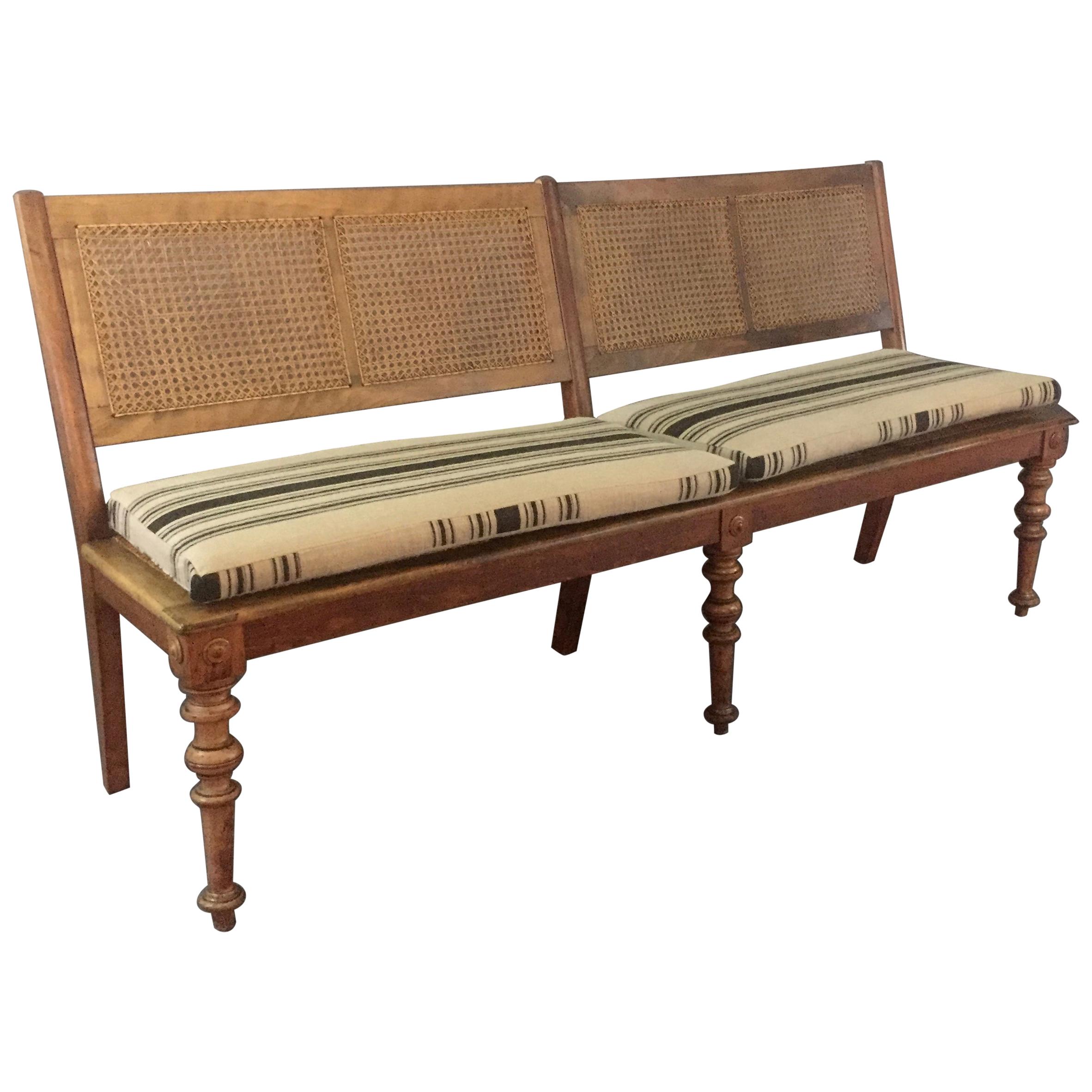 Beechwood Long Bench with French Caning, Linen Covers, circa 1915 For Sale