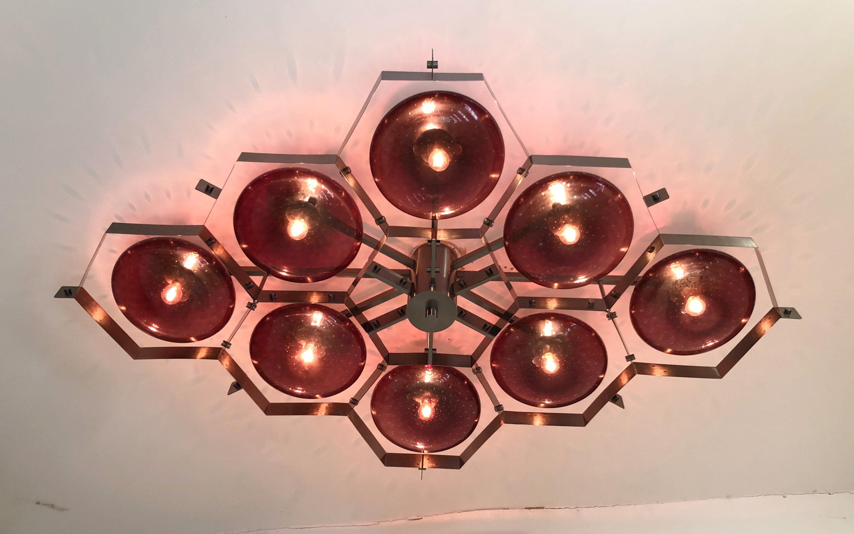 Italian flush mount with Murano glass shades mounted on solid brass frame / Made in Italy
Designed by Fabio Ltd, inspired by Angelo Lelli and Arredoluce styles
8 lights / E12 or E14 type / max 40W each
Length: 69 inches / Width: 46.5 inches /
