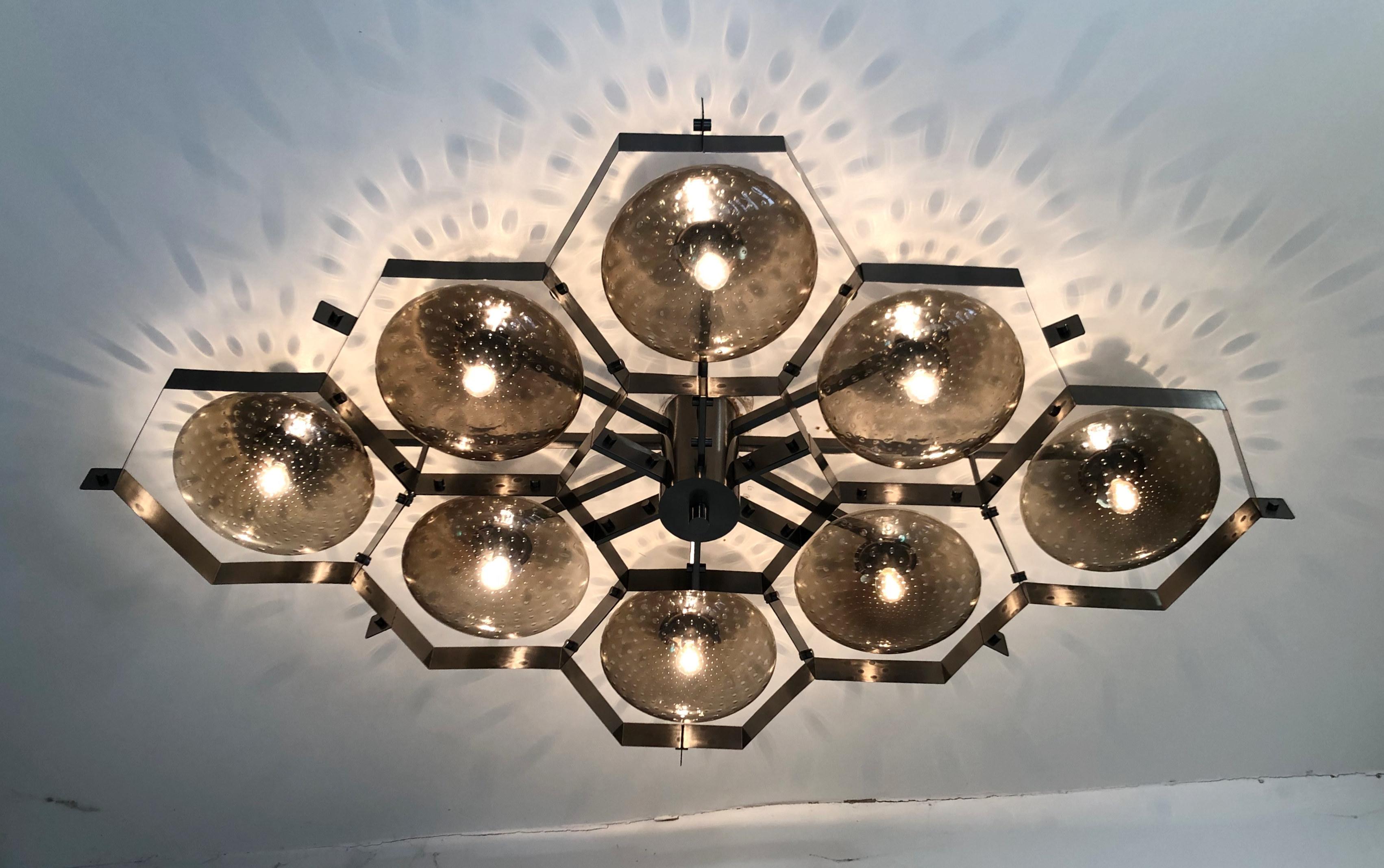 Italian flush mount with Murano glass shades mounted on solid brass frame / Made in Italy
Designed by Fabio Ltd, inspired by Angelo Lelli and Arredoluce styles
8 lights / E12 or E14 type / max 40W each
Length: 69 inches / Width: 46.5 inches /