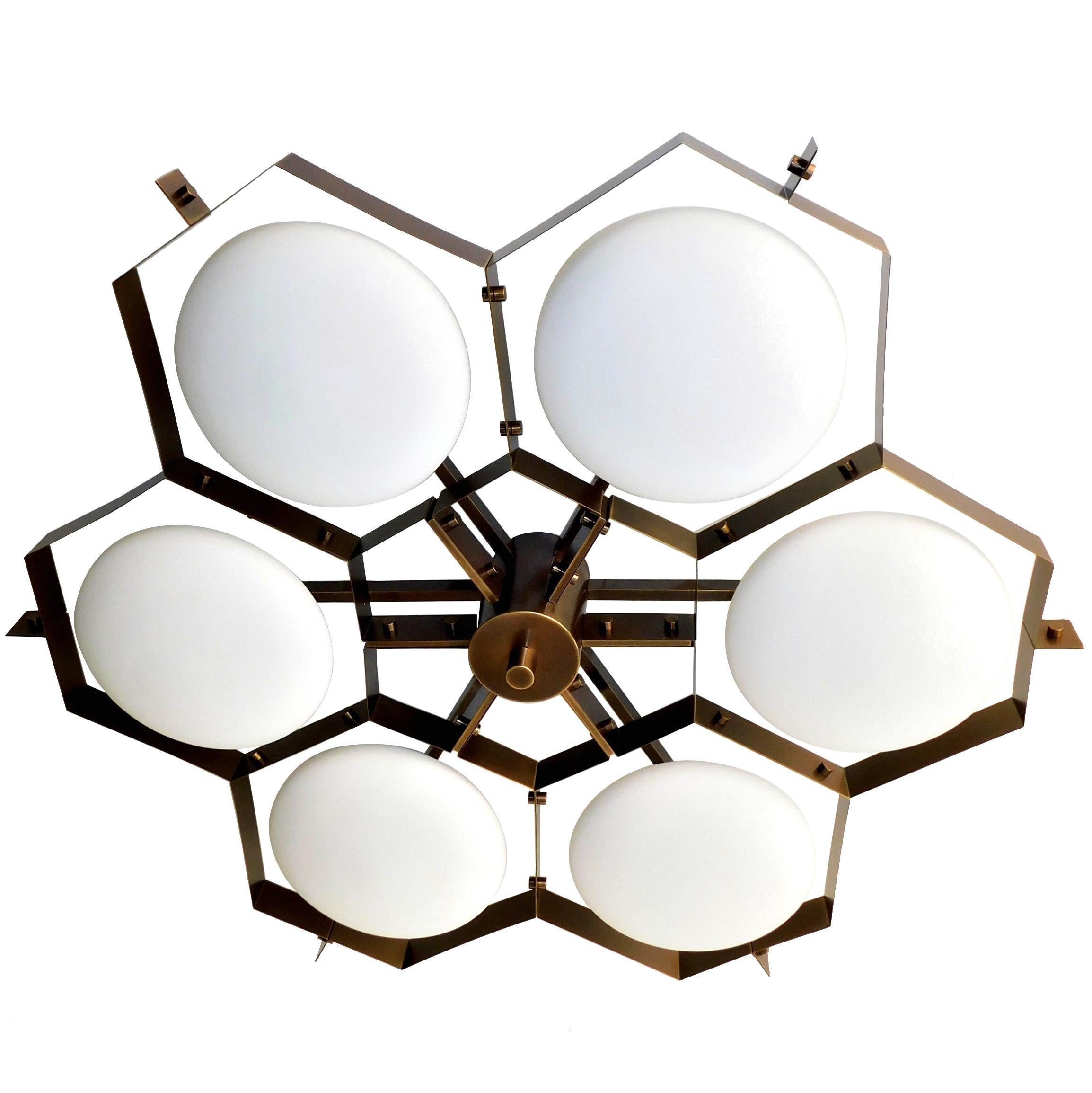 Italian flush mount with Murano glass shades mounted on solid brass frame / Made in Italy
Designed by Fabio Ltd, inspired by Angelo Lelli and Arredoluce styles
6 lights / E12 or E14 / max 40W each
Measures: Diameter 47 inches, height 10 inches
Order