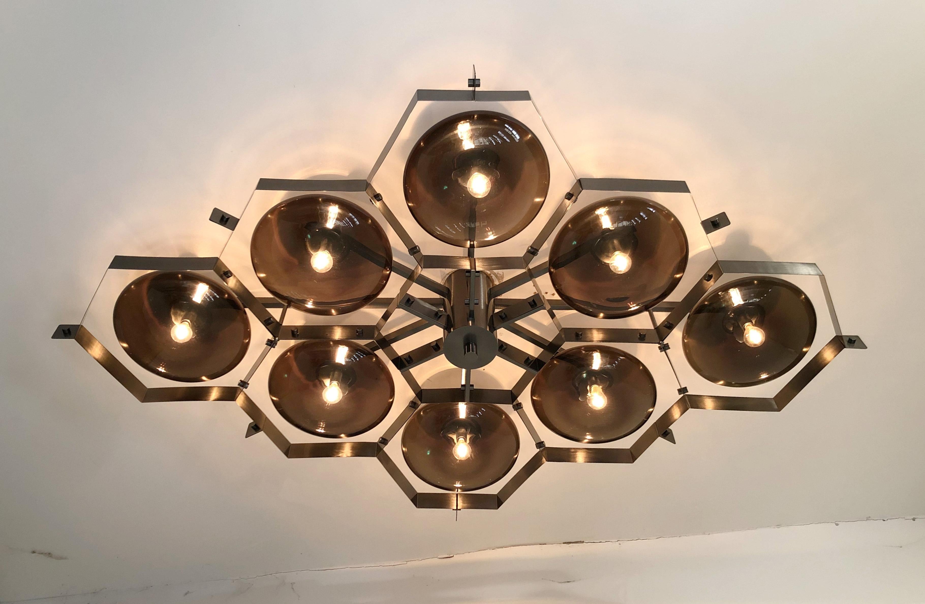 Italian flush mount with Murano glass shades mounted on solid brass frame / Made in Italy
Designed by Fabio Ltd, inspired by Angelo Lelli and Arredoluce styles
8 lights / E12 or E14 type / max 40W each
Length: 69 inches / Width: 46.5 inches /