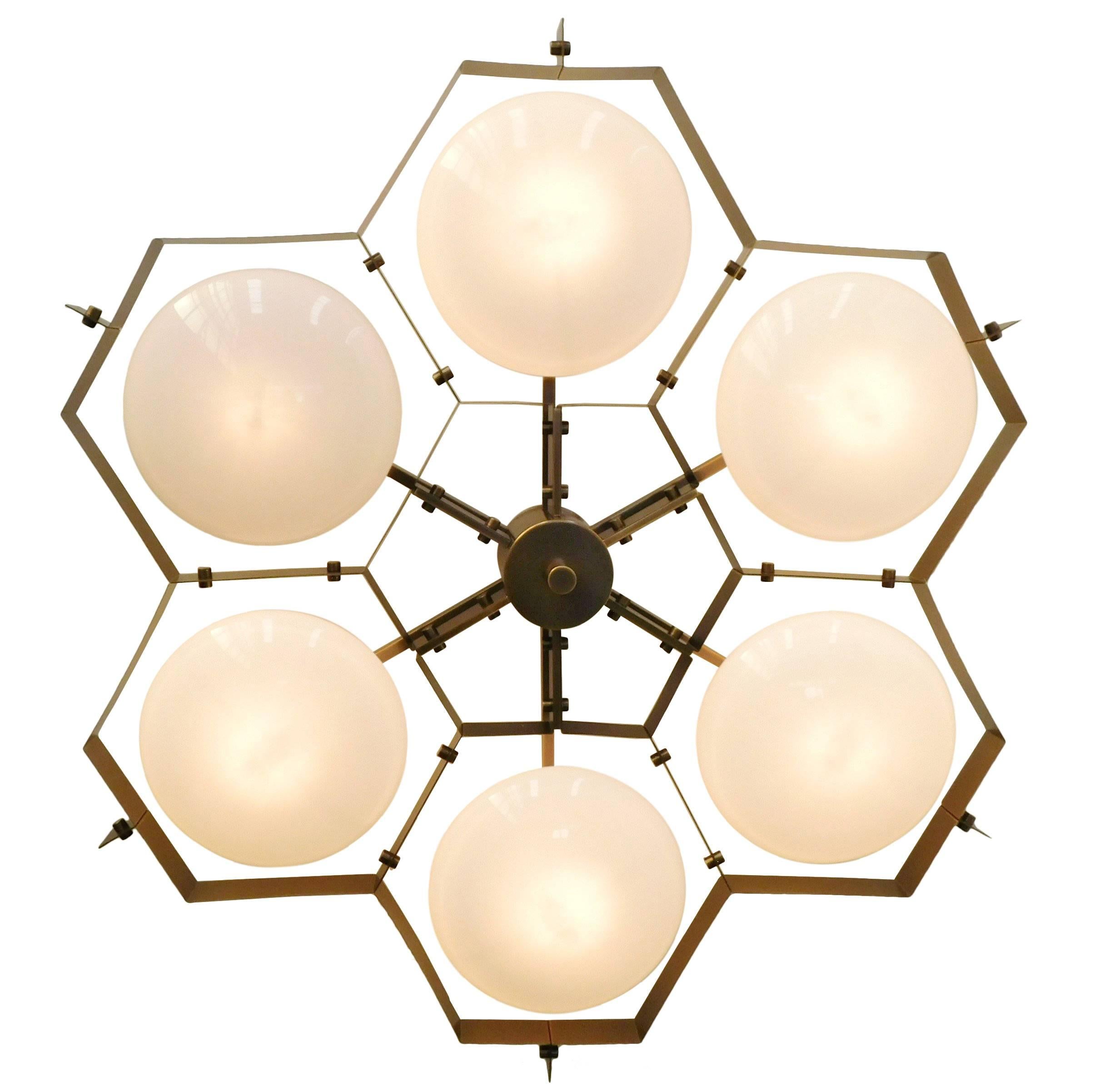Italian flush mount with Murano glass shades mounted on solid brass frame / Made in Italy
Designed by Fabio Ltd, inspired by Angelo Lelli and Arredoluce styles
6 lights / E12 or E14 / max 40W each
Measures: Diameter 47 inches, height 10 inches
Order