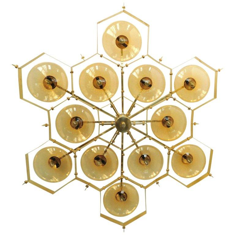 Italian flush mount with Murano glass shades mounted on solid brass frame / Made in Italy
Designed by Fabio Ltd, inspired by Angelo Lelli and Arredoluce styles
12 light / E12 or E14 type / max 40W each
Measures: Diameter 74 inches, height 10