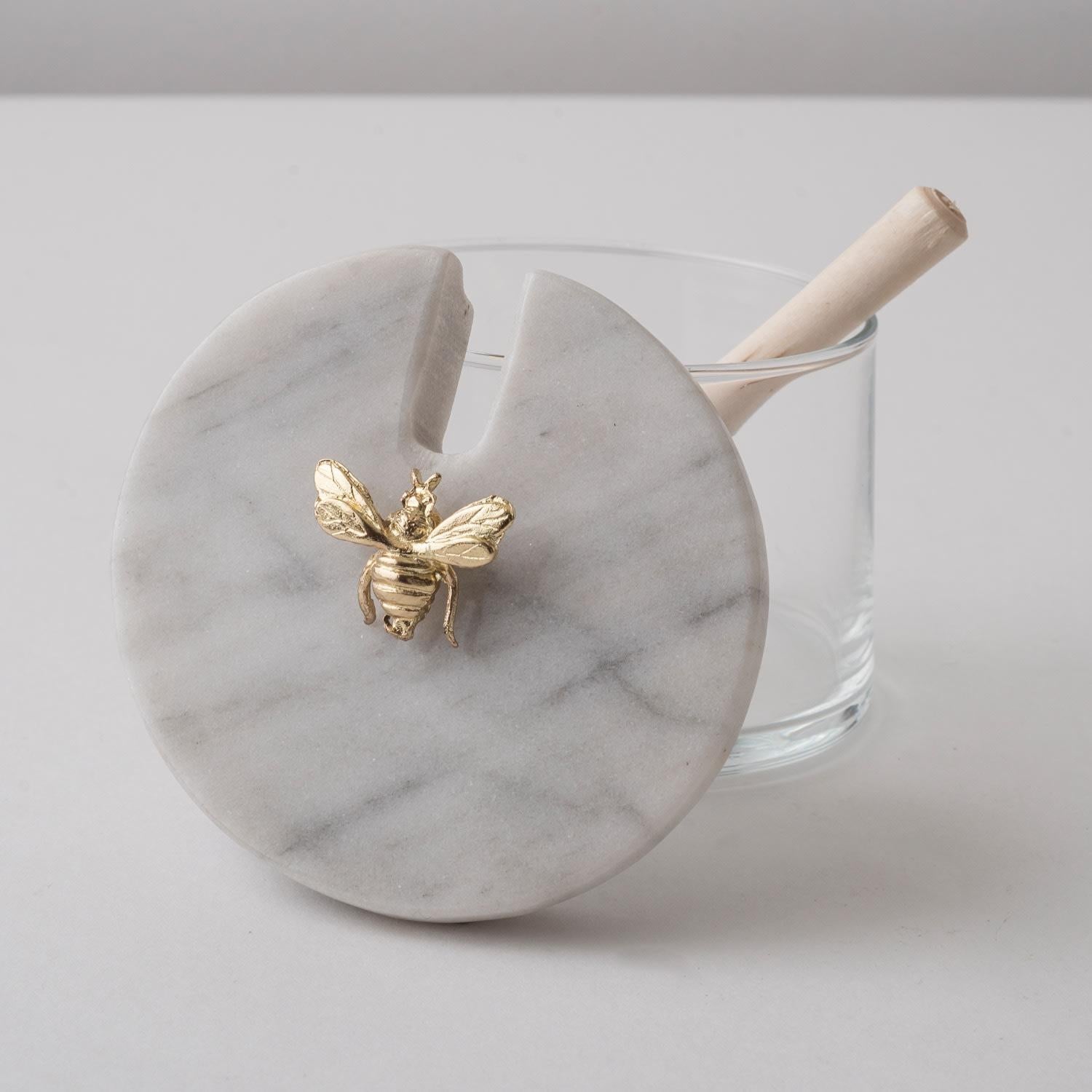 Bienenfisch-Glas, weißer Marmor und Metall Honigtopf (Geschnitzt) im Angebot