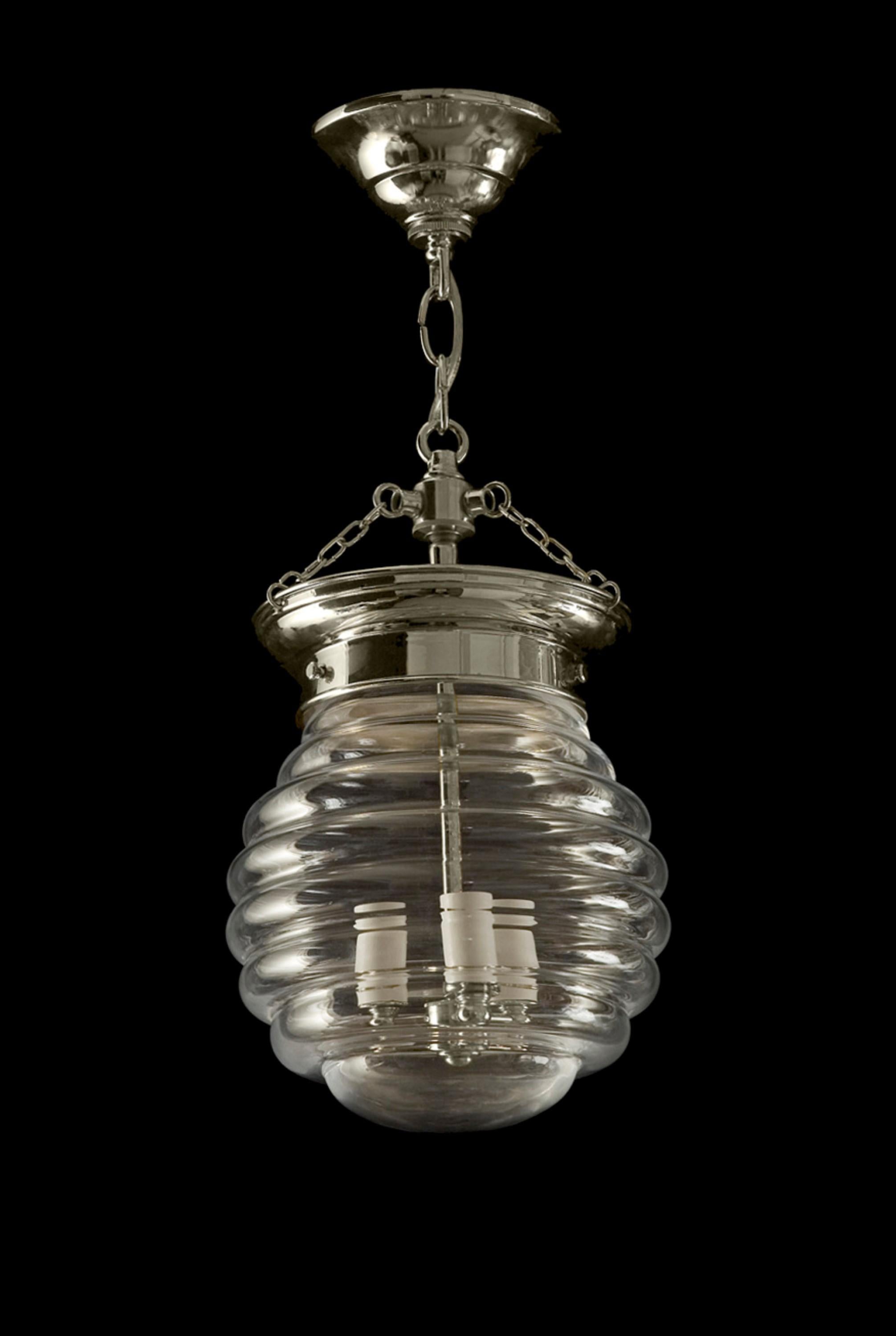 Hand blown beehive style glass shade adorned this nick plated brass pendant light. Takes three standard candelabra light bulbs. Cleaned and restored. Please note, this item is located in one of our NYC locations.